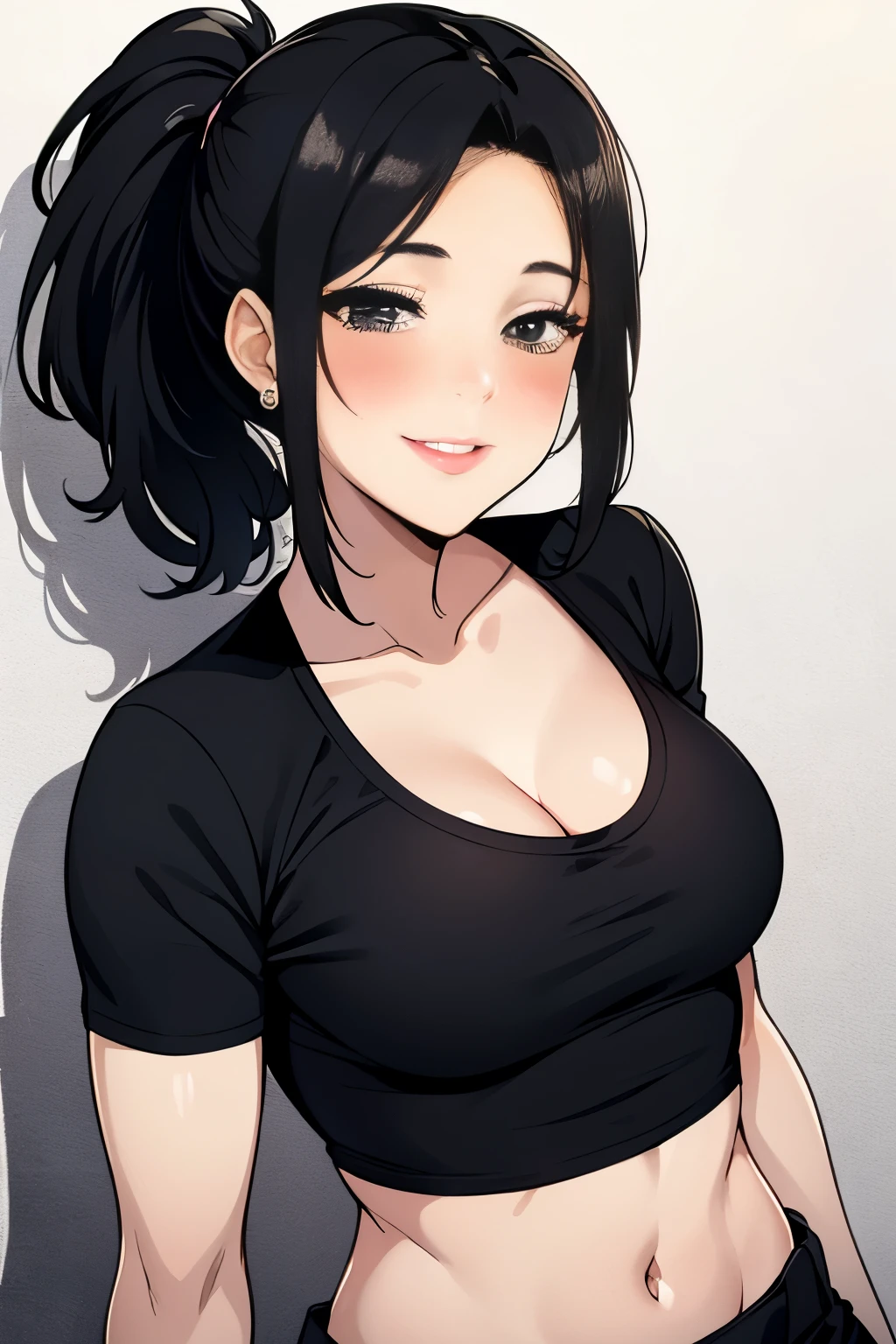 Amazing portrait of a sexy woman wearing her luscious black hair in a ponytail, seductively gazing and smiling, soft lips, parted, blushing intensely, smiling, black crop top, black cargo pants, black short shirt, medium chest, cleavage, perfect body