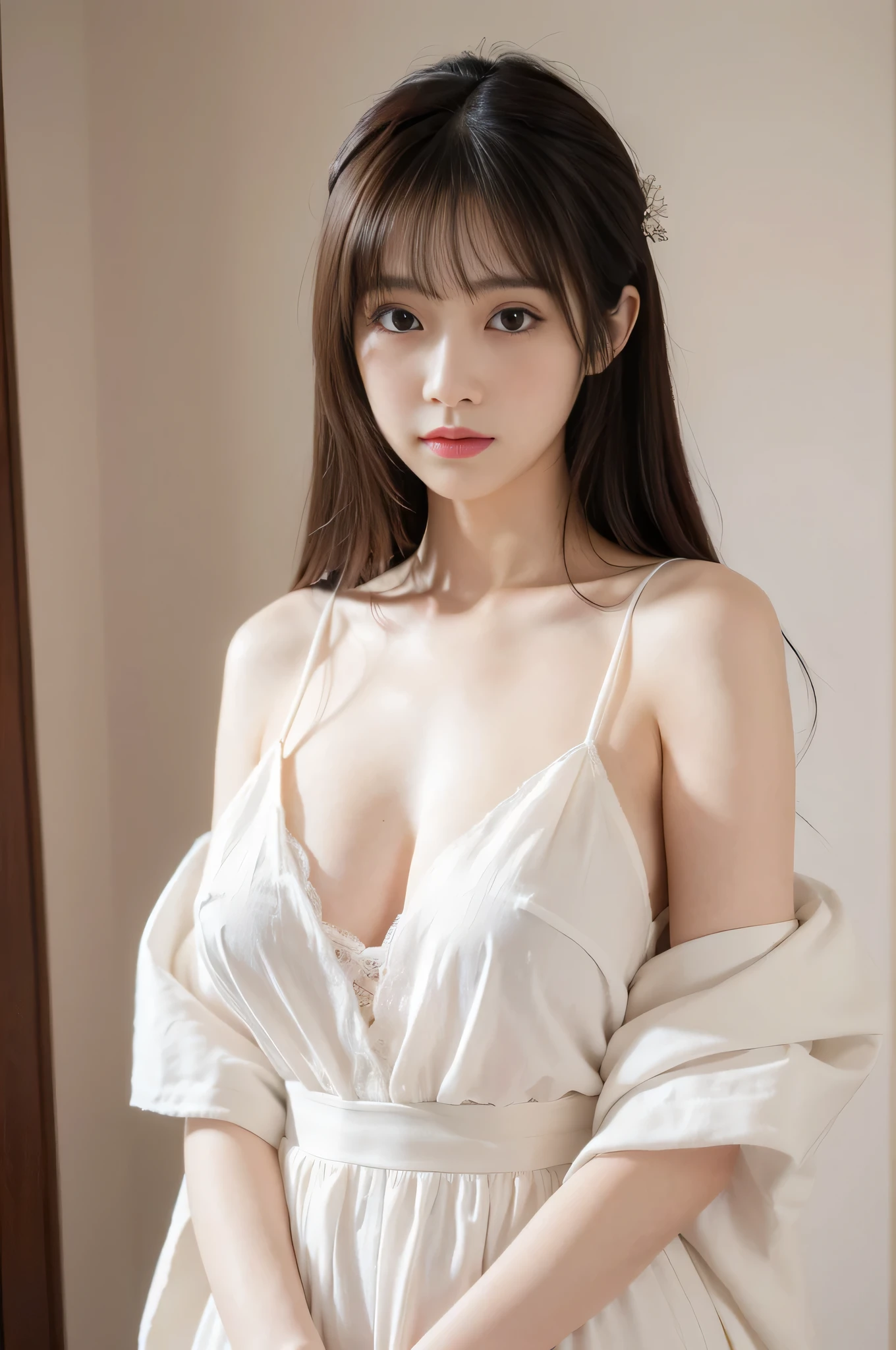 (masterpiece) , 8k , (ultra quality) , (maximum quality) , beautiful Japanese , very beautiful , delicate , white skin , soft , sensitive , shy look , wears traditional Japanese clothes , huge hair , big tits