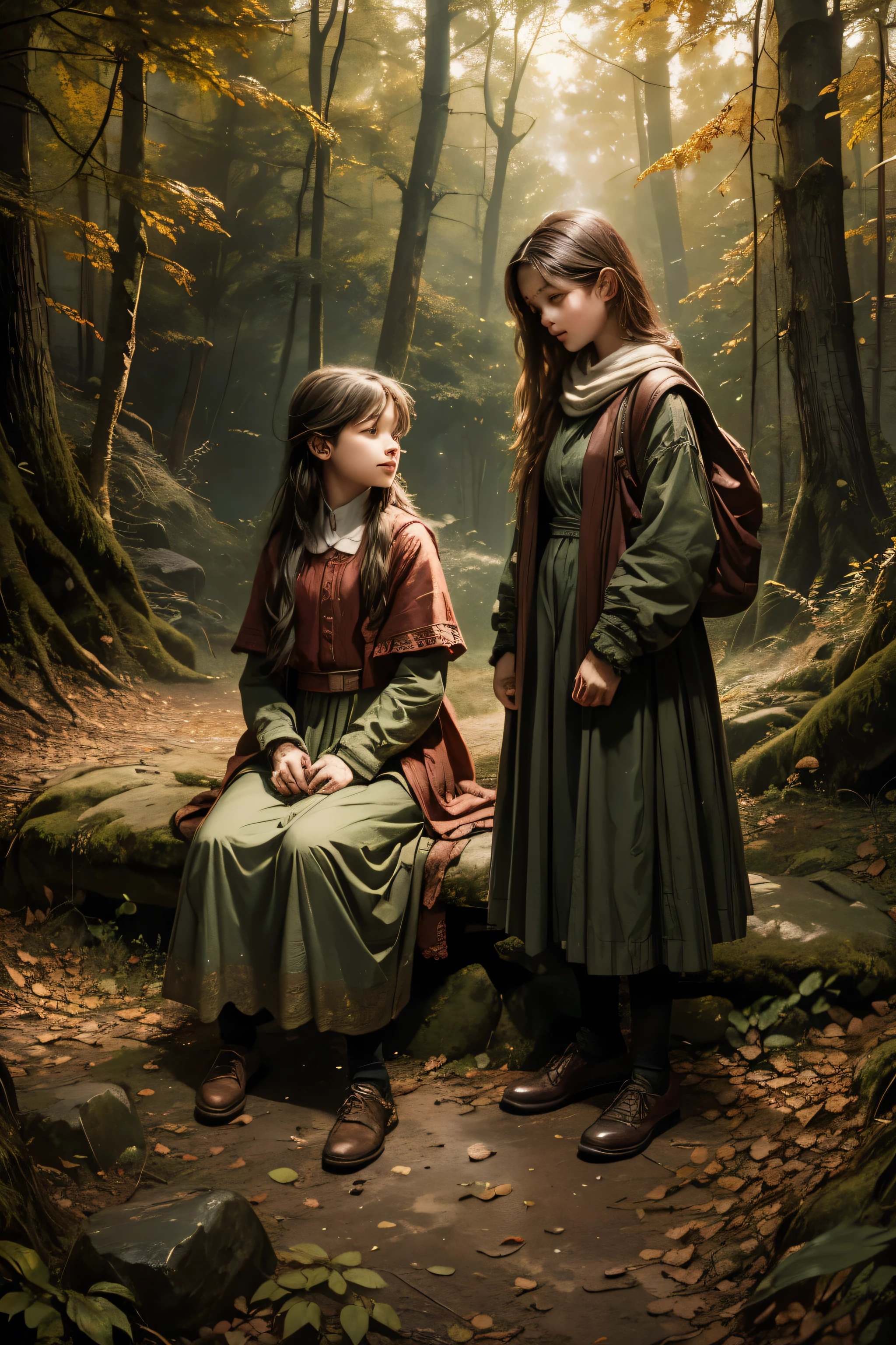 Two girls (about ) walk side by side in the woods on the autumn afternoon. A boy with a relaxed expression (12 years oldttle further behind. The three see a girl sitting on a rock crying. (detailed composition) sober colors, current clothes (illustration in Gustave Dore style)