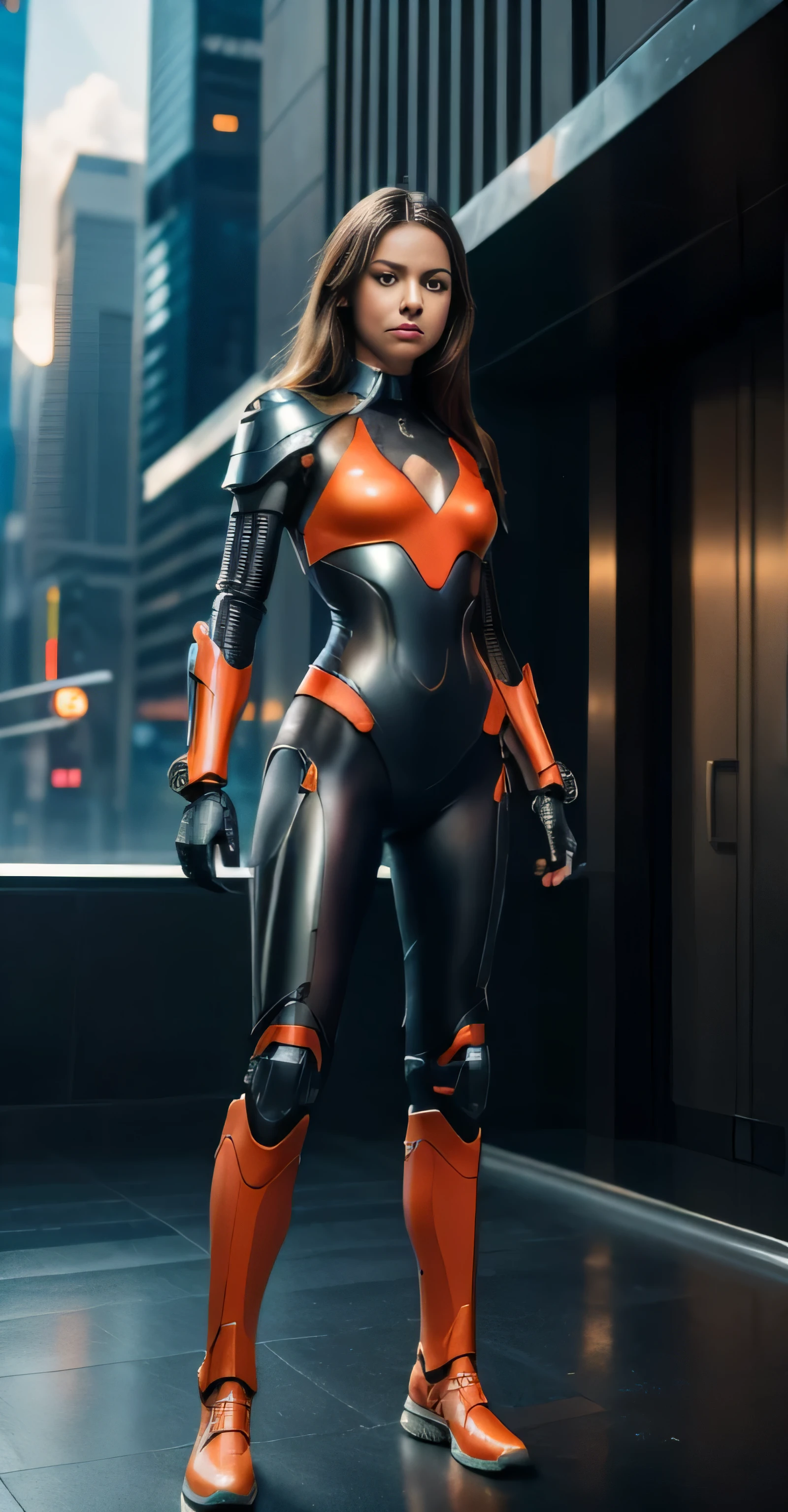 ((masterpiece, 8K, 3D, Realistic, Super Detail)), (1girl:1.3), slender , Ultra Micro photography, Super realistic, Perfect face, Beautiful features, ((Perfect female body)) Beautiful features, ( body), ((small hip)), Melissa Benoist as (((2 piece Bikini))), Sci-fi futuristic cyberpunk ((bionic orange chest metal armor suit)), Futuristic soldier, ((Exposed thigh)), Exposed Skin, Front Full body legs Shot, full body portrait, futuristic city background