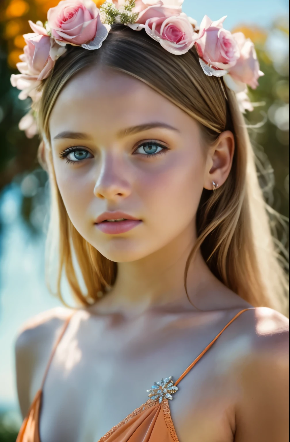 Kristina Pimenova, 12 years old,  fully , nude, close-up ethereal girl with soft porcelain, big blue eyes, Orange Summer Dress, cotton candy, model fashion, thighs, the ocean in the background, art by wlop, artstation, trending, ultra HD, 4k, detailed anatomy, (shiny skin), ((oiled skin)), dramatic lighting, high contrast, skin indentation, delicate, high-quality unreal engine 5, ultra-realistic style, detailed face, flower accessory, soft pastel background color, colofUnreal Engine 5, Cinematic, Color Grading, portrait Photography, Ultra-Wide Angle, Depth of Field, hyper-detailed, beautifully color-coded, insane details, intricate details, beautifully color graded, Unreal Engine, Cinematic, Color Grading, Editorial Photography, Photography, Photoshoot, Shot on 70mm lens, Depth of Field, DOF, Tilt Blur, Shutter Speed 1/1000, F/2, looking straight at camera
