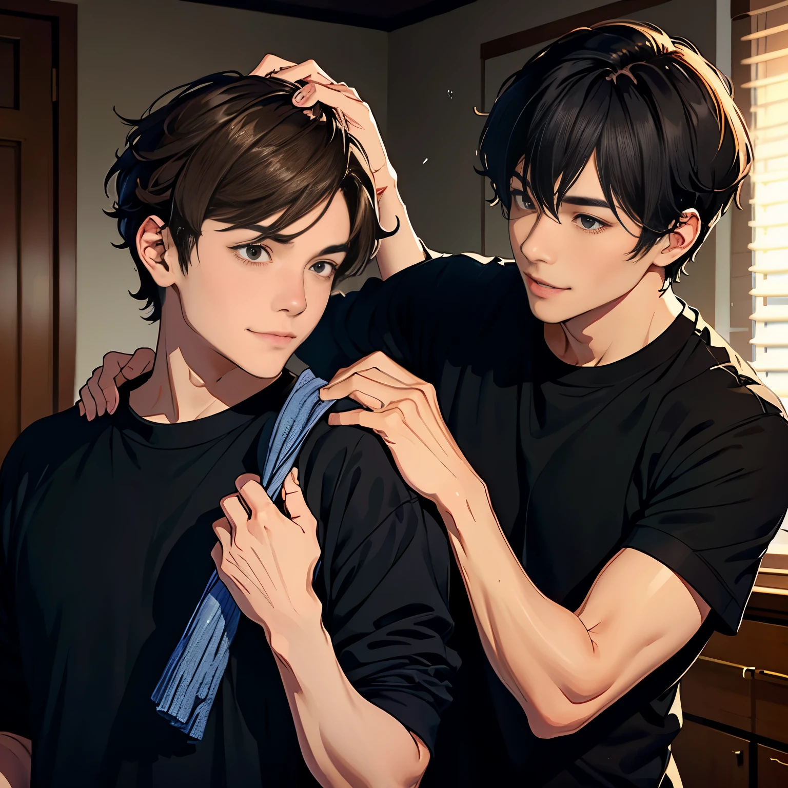 a handsome guy,Has short brown hair,wearing a black sweatshirt,The background is inside the room、He is cleaning my ears.、smile、
