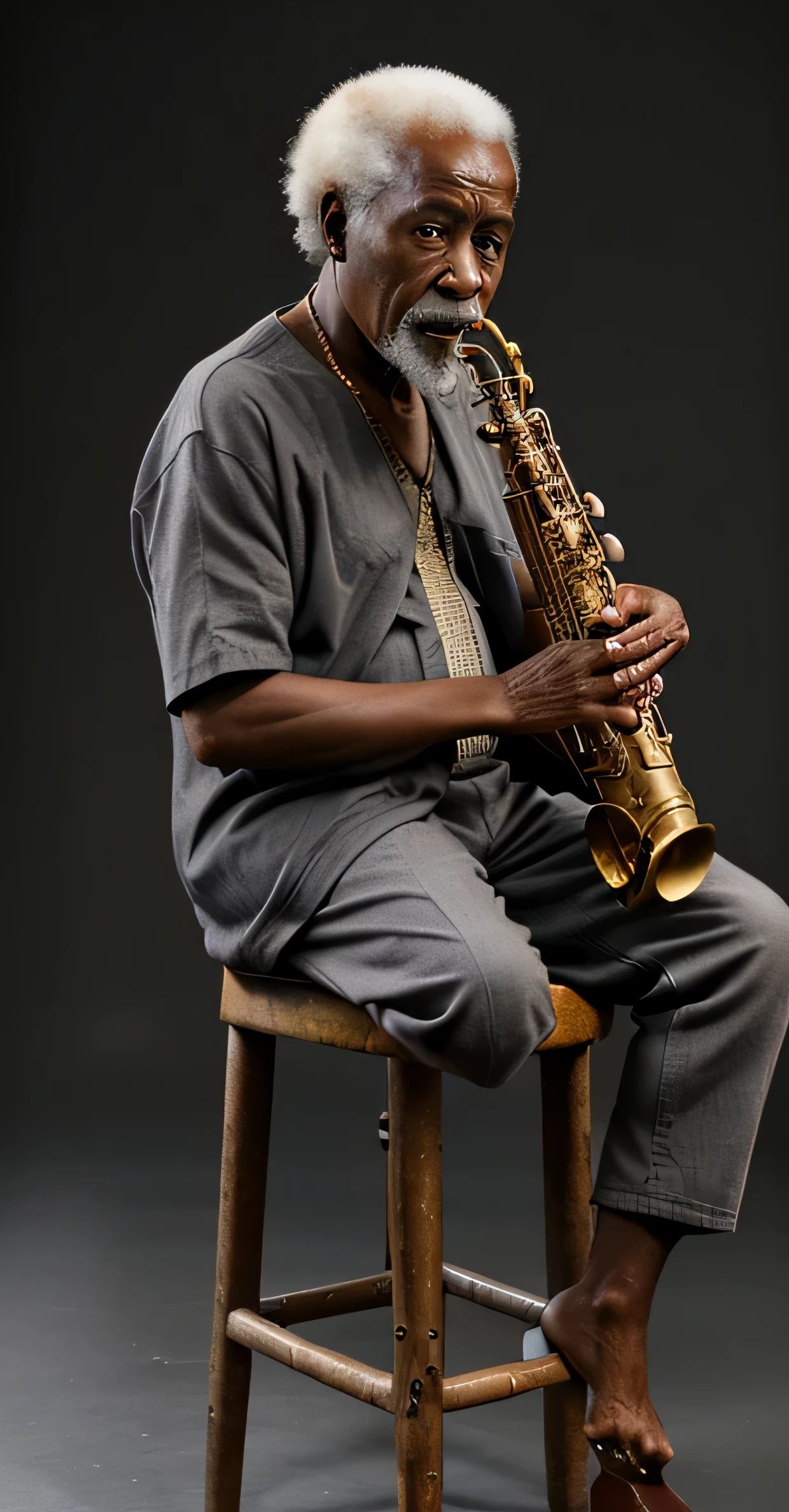 very old african american man, sitting on a stool, holding a saxophone, dark grey background