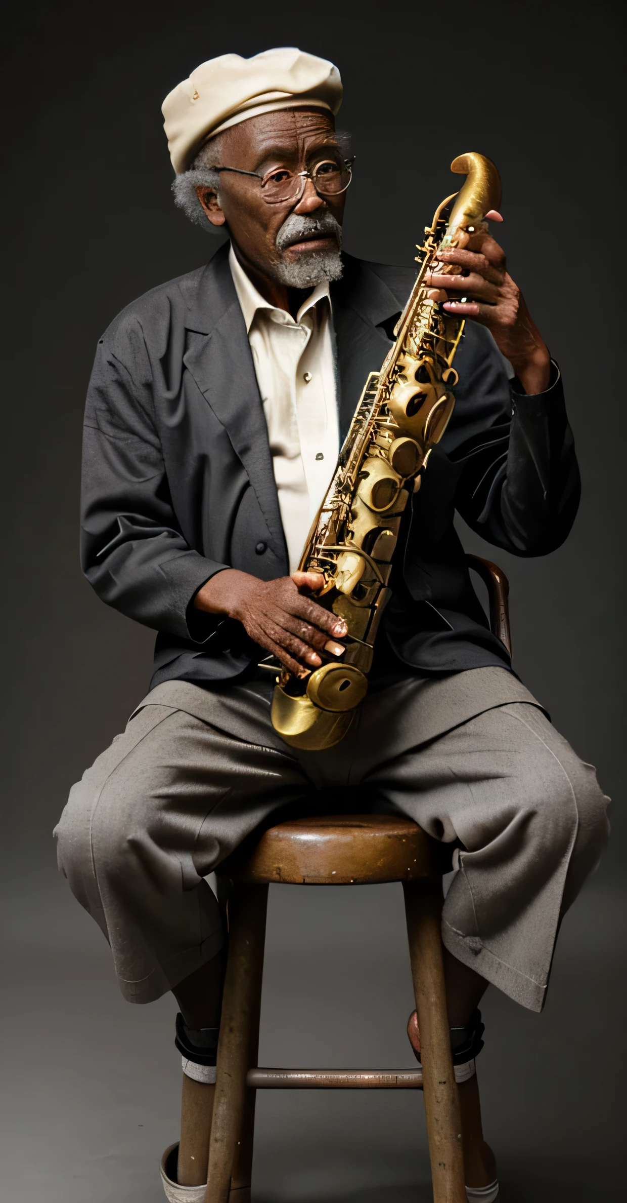 very old african american man, sitting on a stool, holding a saxophone, dark grey background