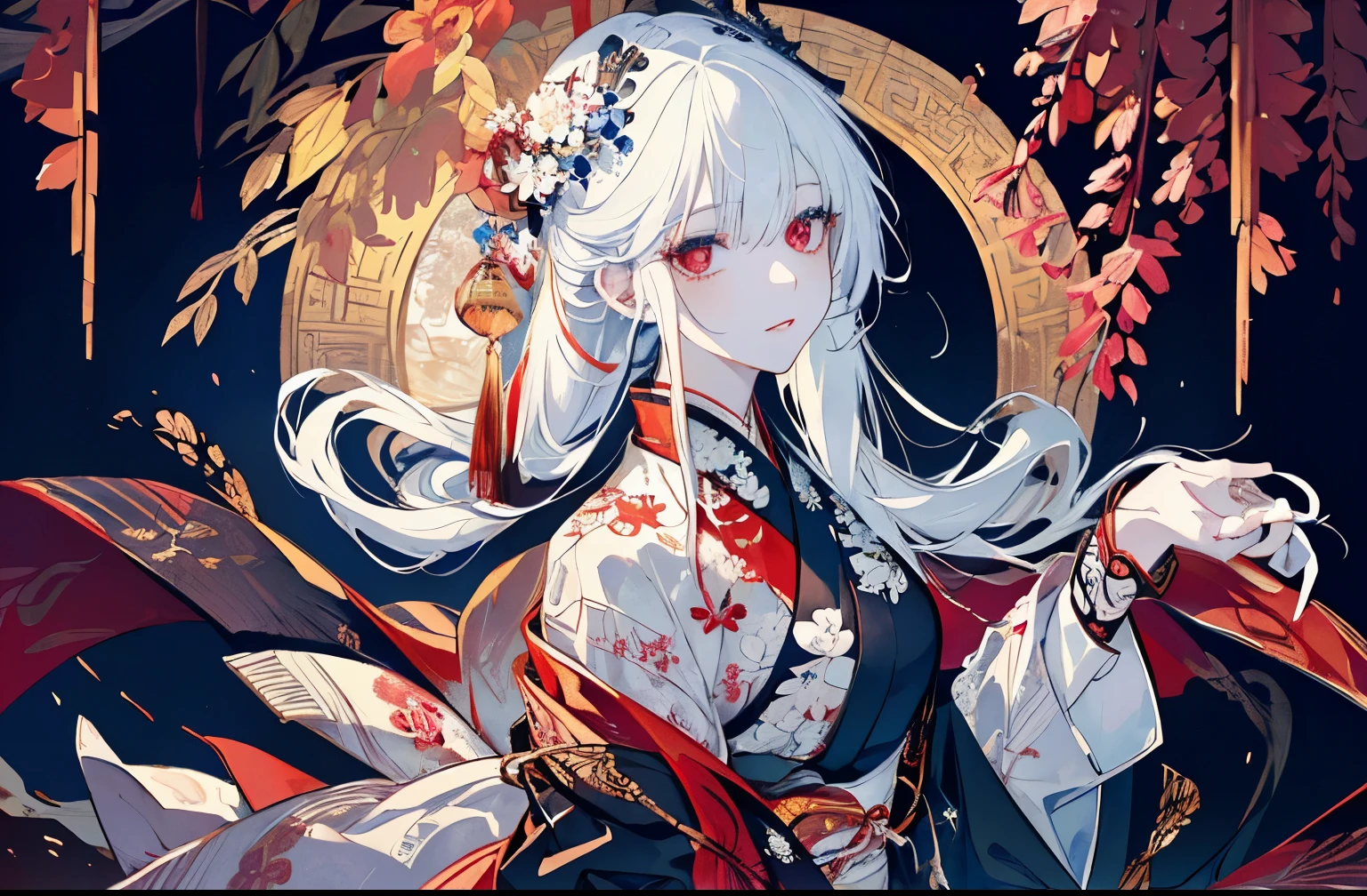 (masterpiece, top quality, best quality, official art, beautiful), Extreme Detail, female, white hair, long length, red eyes, black and white kimono, taisho, taisho romance, old japanese, Japanese, kami, ray trancing, sakura.