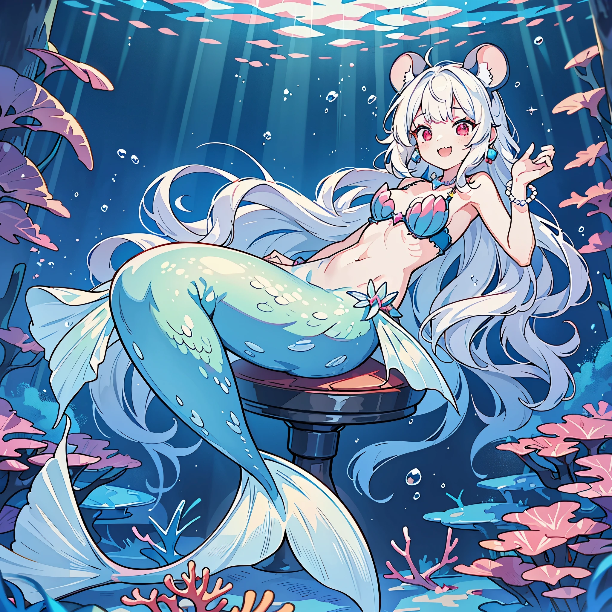 (best quality,4k,8k,highres,masterpiece:1.2),ultra-detailed, Pretty anthropomorphic albino mouse girl magically transformed into a beautiful mermaid, race swap, fantastic transformation, sharp teeth, is smiling, drawn in anime style, steampunk, fishlike, looks wet, very long curly white hair, red eyes, white fur, slim body, whiskers, mouse ears, mermaid tail below waistline, knee less, shimmering fish scales, pelvic and dorsal fins, a pair of fish gills on her torso, seashells bra, pearl earrings and bracelets, pearl necklace, joyful expression, playful mermaid poses, sparkling water, water reflections, ethereal atmosphere, subtle glow, whimsical and enchanting, checking her new body, underwater world, colorful coral reef, magical underwater lighting, vivid colors, breathing underwater, endless ocean depths, sunlight filtering through the water, Highly detailed, masterpiece, high quality, 4K.