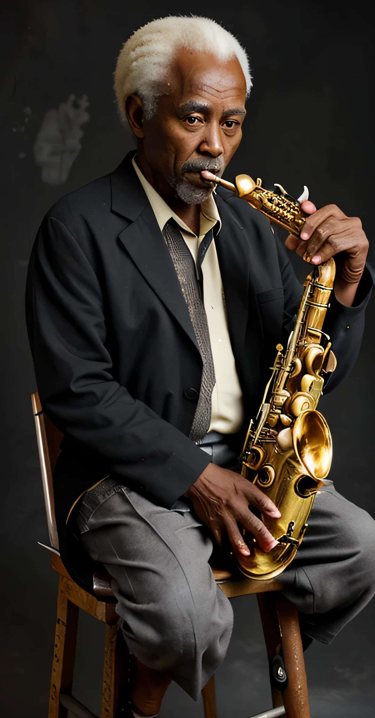 very old african american man, sitting on a stool, holding a saxophone, dark grey background