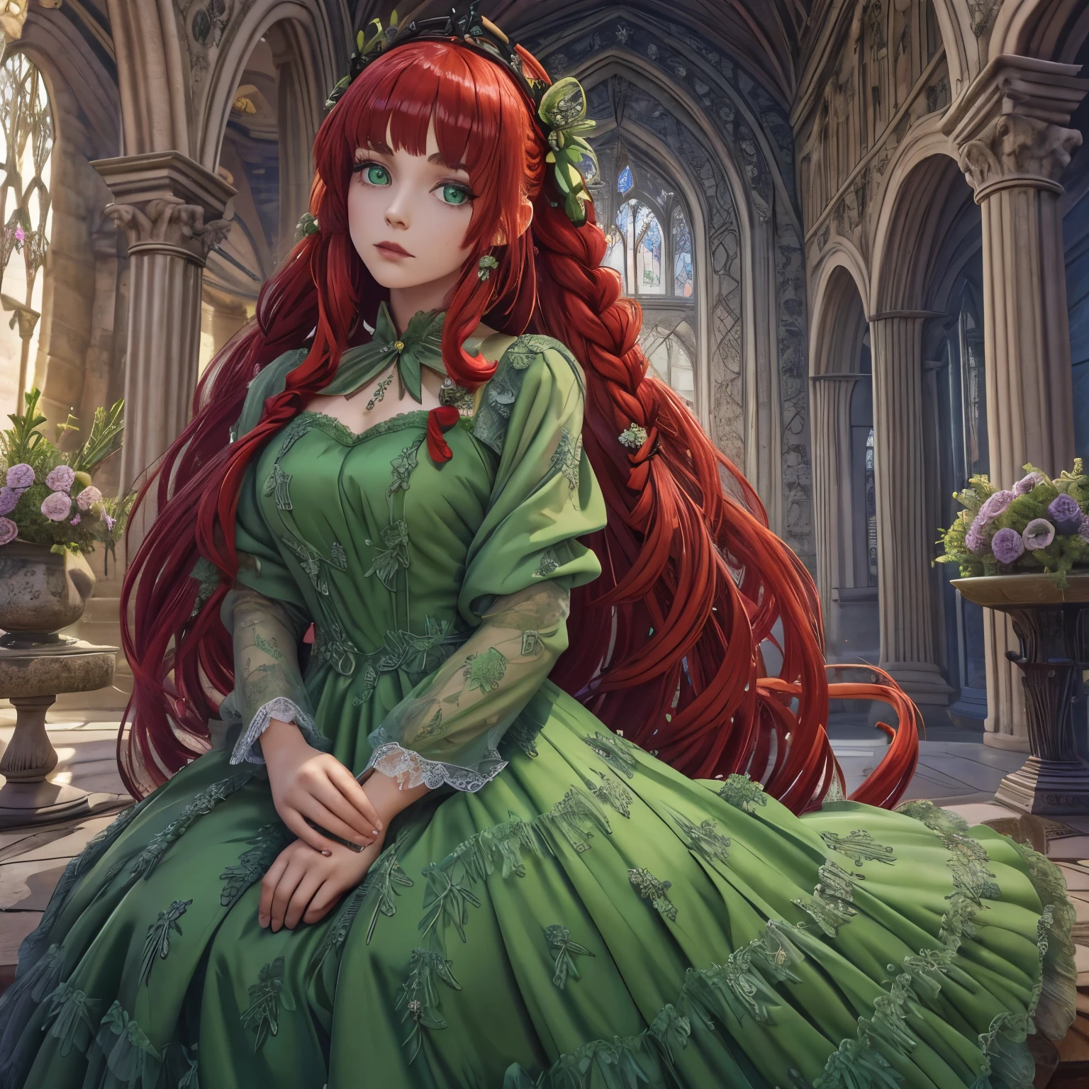 Anime, girl, red hair, green eyes, Gothic gown, Rosemary-themed gown, Rosemary pattern on gown, Rosemary in hair, Rosemary on hair, Rosemary-coloured princess gown, Rosemary in a braid, long hair, braids, Rosemary braided into hair, very detailed, master piece