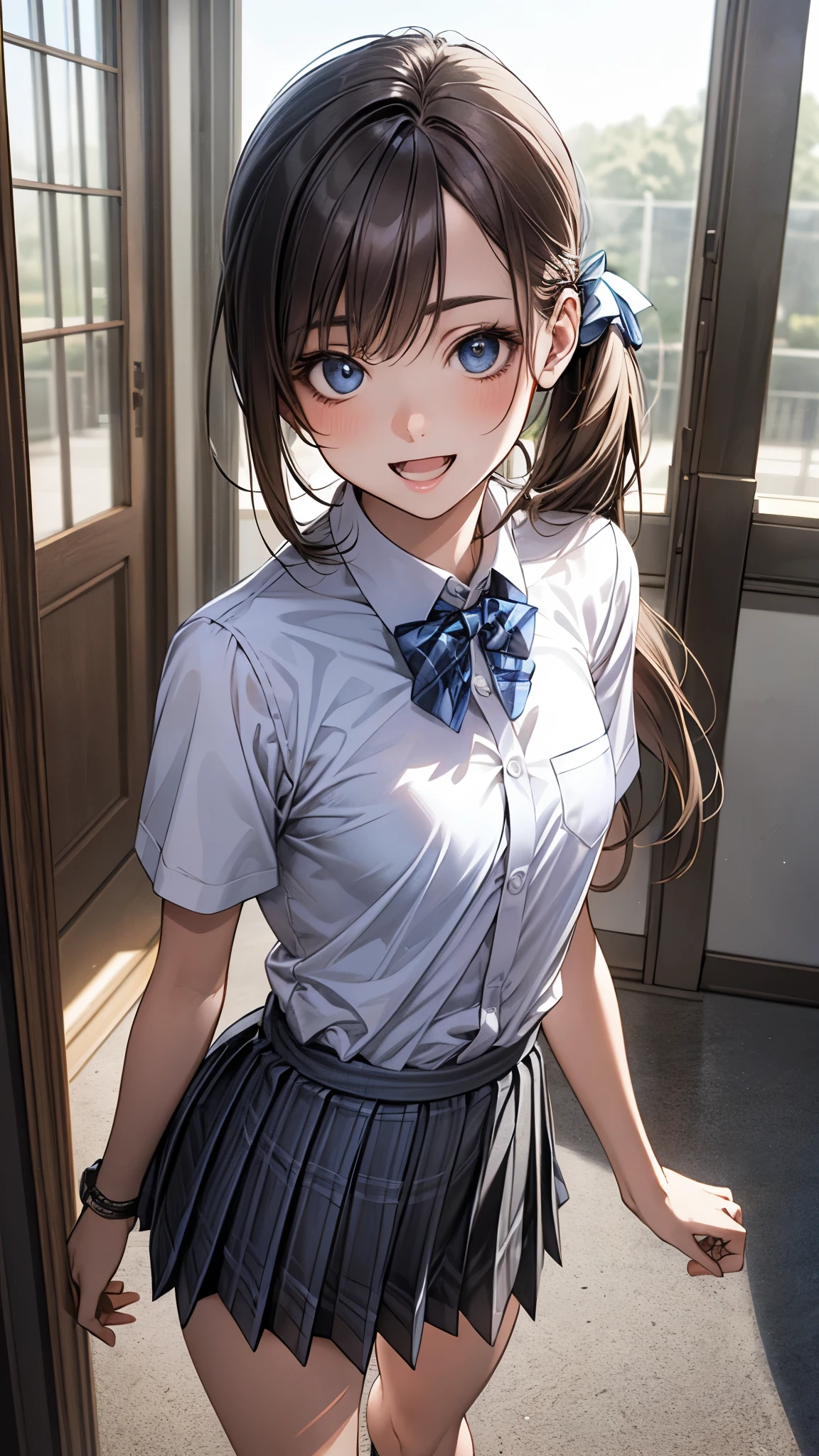 (masterpiece:1.2, top-quality), (realistic, photorealistic:1.2), beautiful illustration, (natural side lighting, movie lighting),
looking at viewer, full body, 1 girl, japanese, high school girl, perfect face, cute and symmetrical face, suntan, shiny skin,
(long hair:1.5, side ponytail:1.4, light brown hair), asymmetrical bangs, blue eyes, small eyes, (large breasts:0.6),
beautiful hair, beautiful face, beautiful detailed eyes, beautiful clavicle, beautiful body, beautiful chest, beautiful thigh, beautiful legs, beautiful fingers,
((collared short sleeve shirt, white shirt, school uniform, grey plaid pleated skirt, blue plaid bow tie), wrist chakra), white panties,
(beautiful scenery), school, (standing, open legs, skirt lift,), (lovely smile, open mouth),