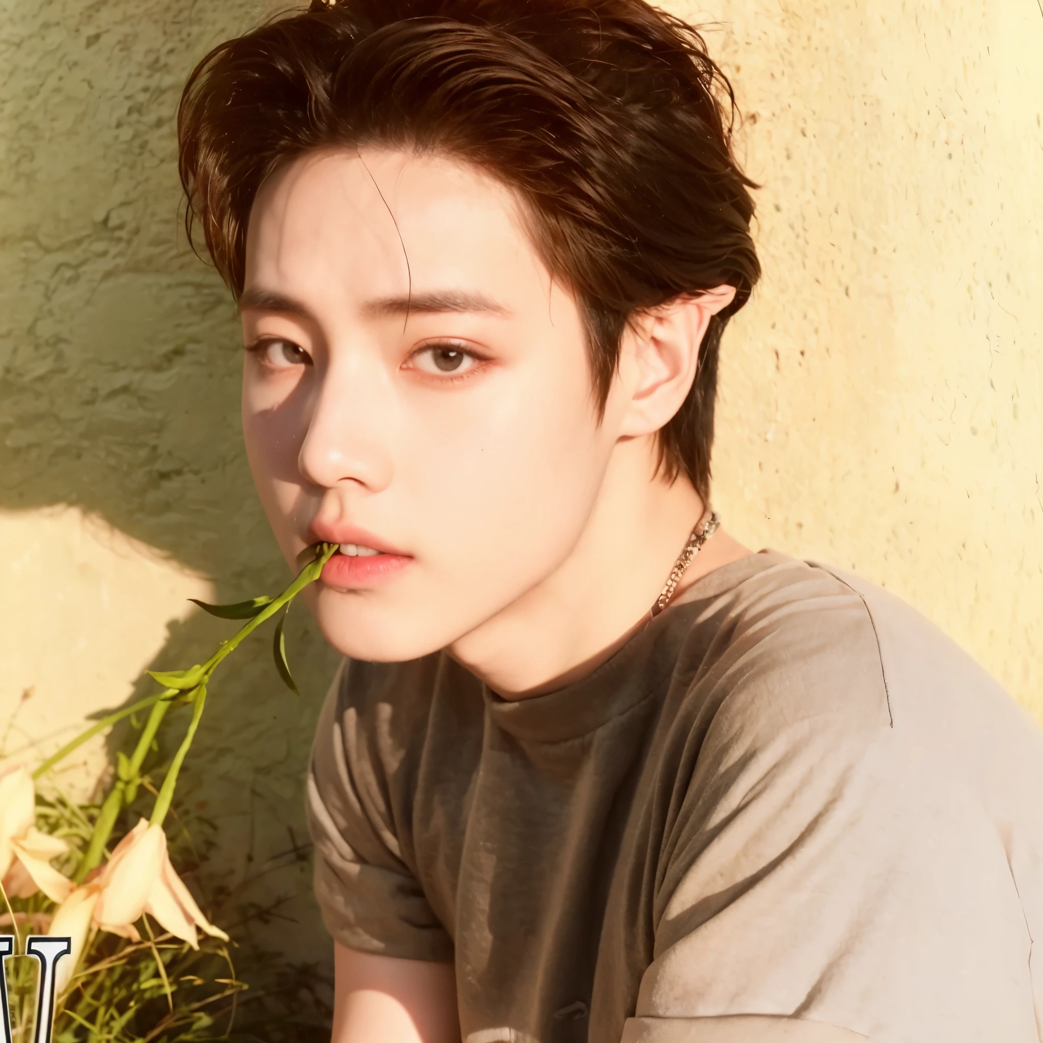 there is a man with a flower in his mouth sitting on a bench, Cai Xukun, inspirado em Bian Shoumin, inspirado em Wuzhun Shifan, jia, Sha Xi, [ arte digital ]!!, young pale angel, Jung Jaehyun, Jinyoung Shin, [ foto realista ]!!, ((fotorrealista)), Shin Jeongho, Admirador de arte