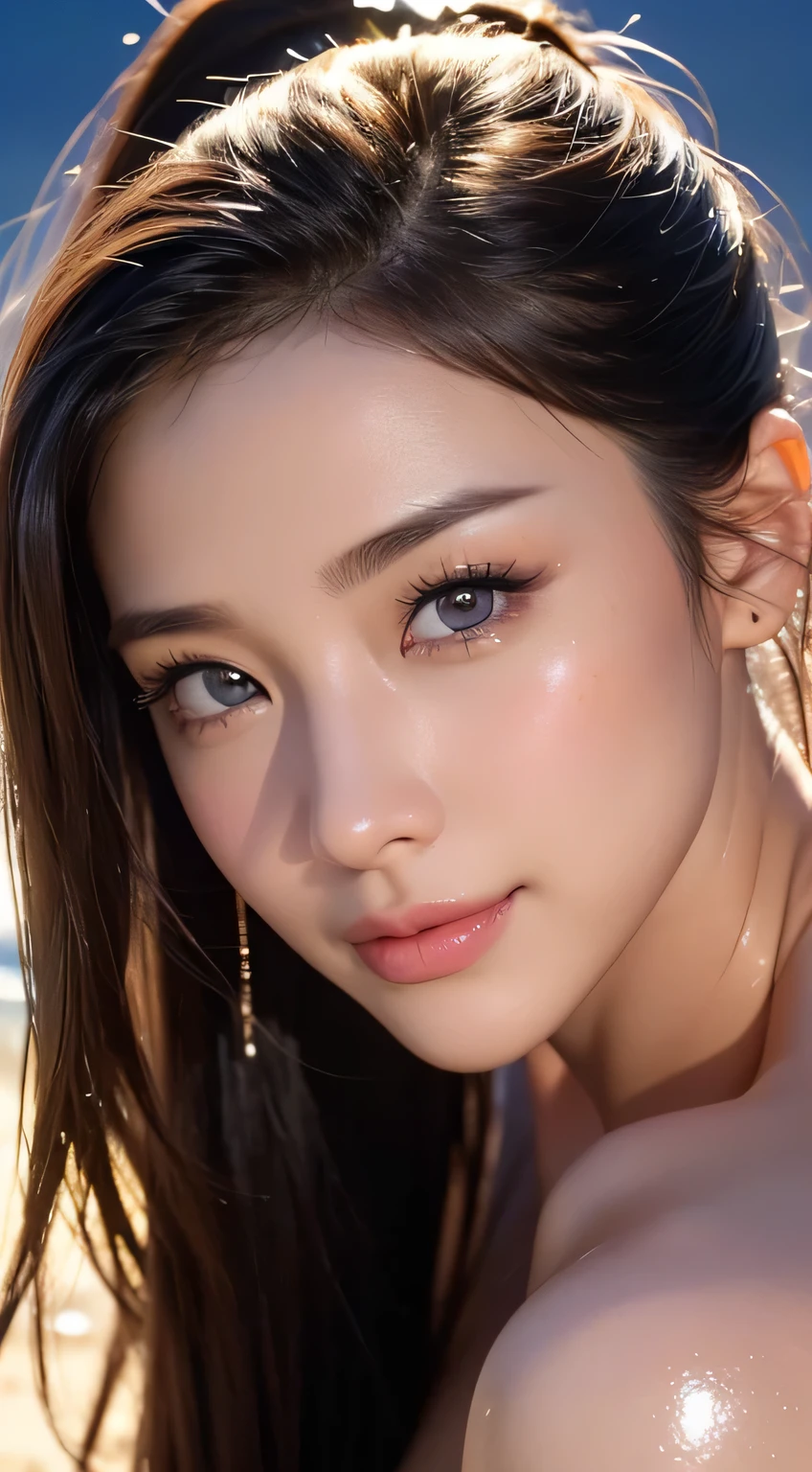 Beautiful woman，body portrait、8k，thin and beautiful eyes，Dindal effect、masterpiece, 最high quality, high quality, High resolution、very detailed写真、(natural skin texture、fine skin、hyper realism、Super sharpness)、high detail skin、(very detailed、fine skinの質感、intricate details、beautiful face、(lifelike face)、realistic eyes、beautiful and detailed eyes、ponytail、real looking skin、beautiful skin、big breasts、G cup、glamorous、shiny skin、oily muscles、sunbathe on the beach、surreal、very detailed、golden ratio、with smiling eyes、((night moonlight background))、body portrait