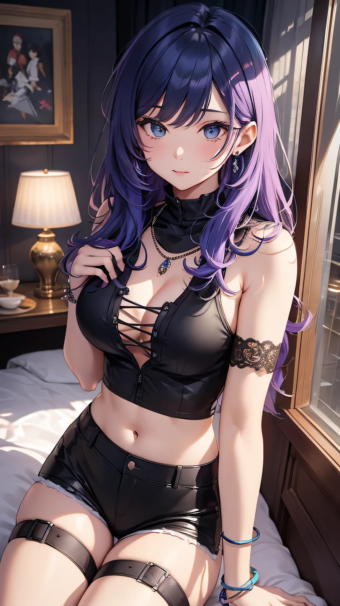 最high quality、best image quality、masterpiece、girl((20-year-old、 By becoming、vest bust、medium bust,wide open breast tea、shining eyes, neon hair、long hair、thin,highest valley、black tank top、blue pants、full body tattoo,diamond earrings、Wristband、necklace,on the bed,lie)),high quality、beautiful art、background((Beautiful hotel room))、Flight、debris flies、Depth of written boundary、movie、visual art、perfect art、8k,genuine、Top-down perspective