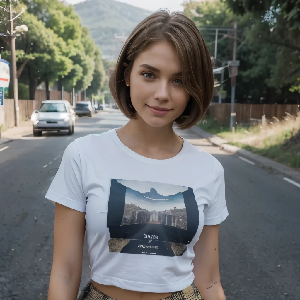 high quality, Realistisch, Foto-Shooting, girl, pretty, Short bob haircut just above the shoulders, Blick auf die Kamera, Kopf und Schultern, blonde, Seitenteil, Kein Pony, smiling, Modell, Fachmann, standing on a street, wears a skirt, und ein T-Shirt mit einer Lederjacke
