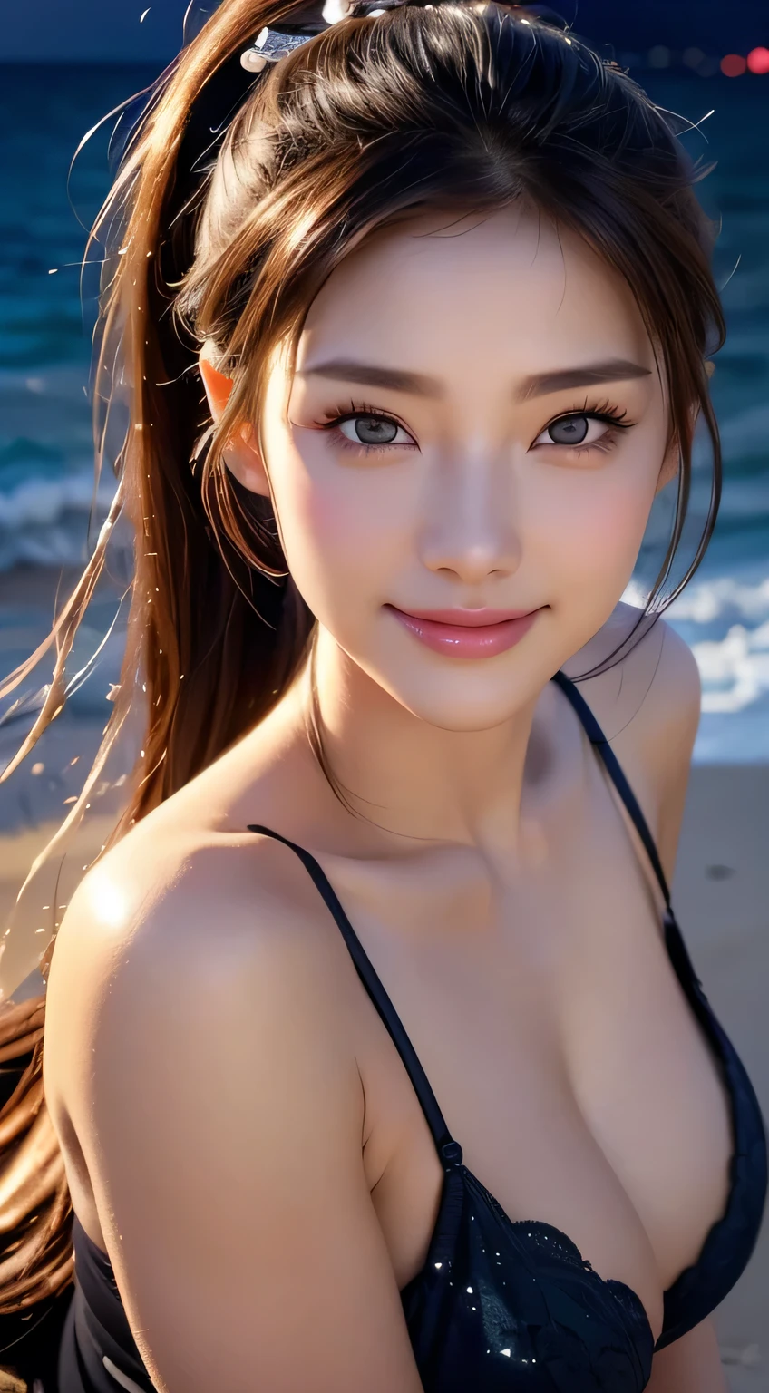 Beautiful woman，body portrait、8k，thin and beautiful eyes，Dindal effect、masterpiece, 最high quality, high quality, High resolution、very detailed写真、(natural skin texture、fine skin、hyper realism、Super sharpness)、high detail skin、(very detailed、fine skinの質感、intricate details、beautiful face、(lifelike face)、realistic eyes、beautiful and detailed eyes、ponytail、real looking skin、beautiful skin、big breasts、G cup、glamorous、shiny skin、oily muscles、sunbathe on the beach、surreal、very detailed、golden ratio、with smiling eyes、((night moonlight background))、body portrait