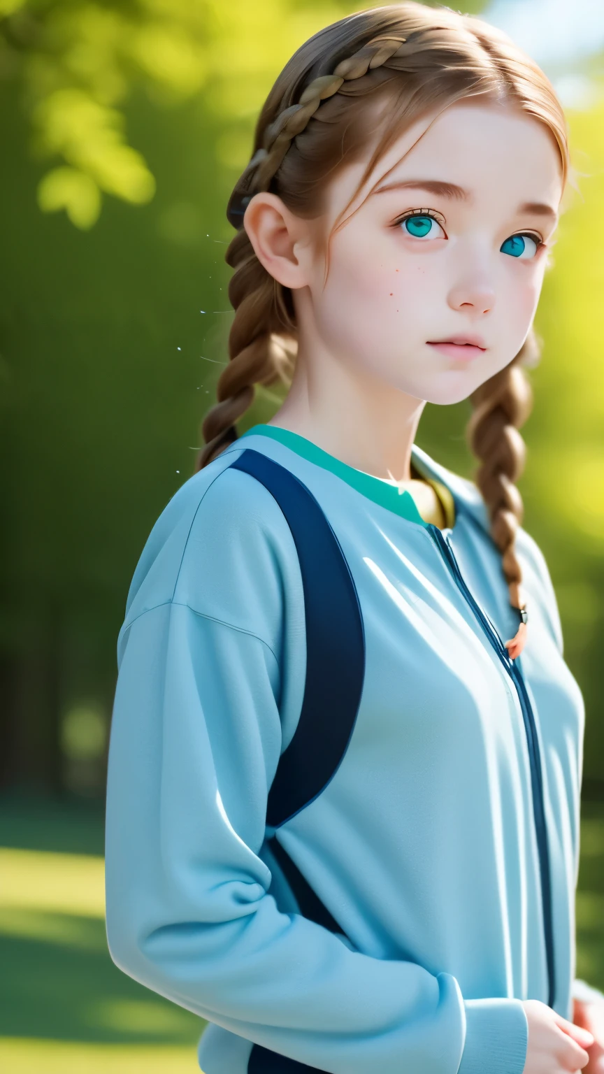 super realistic images, ginger teenager girl, cute face, An ennui look、french braid、ash gray hair、green eyes, a little freckled, doing yoga, three line sweatshirt、I can see your belly button、often play sports、Jacket, highest quality、ultra high resolution、masterpiece:1.5、portrait