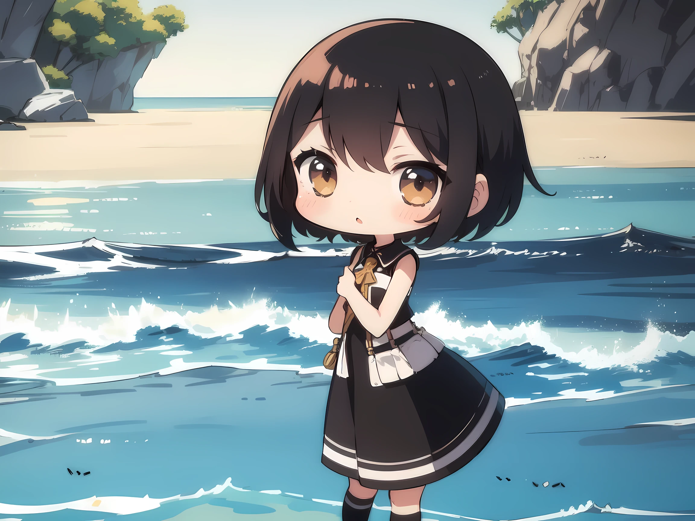 A woman in her 20s with short hair and cute clothes. ,sea backdrop ,chibi