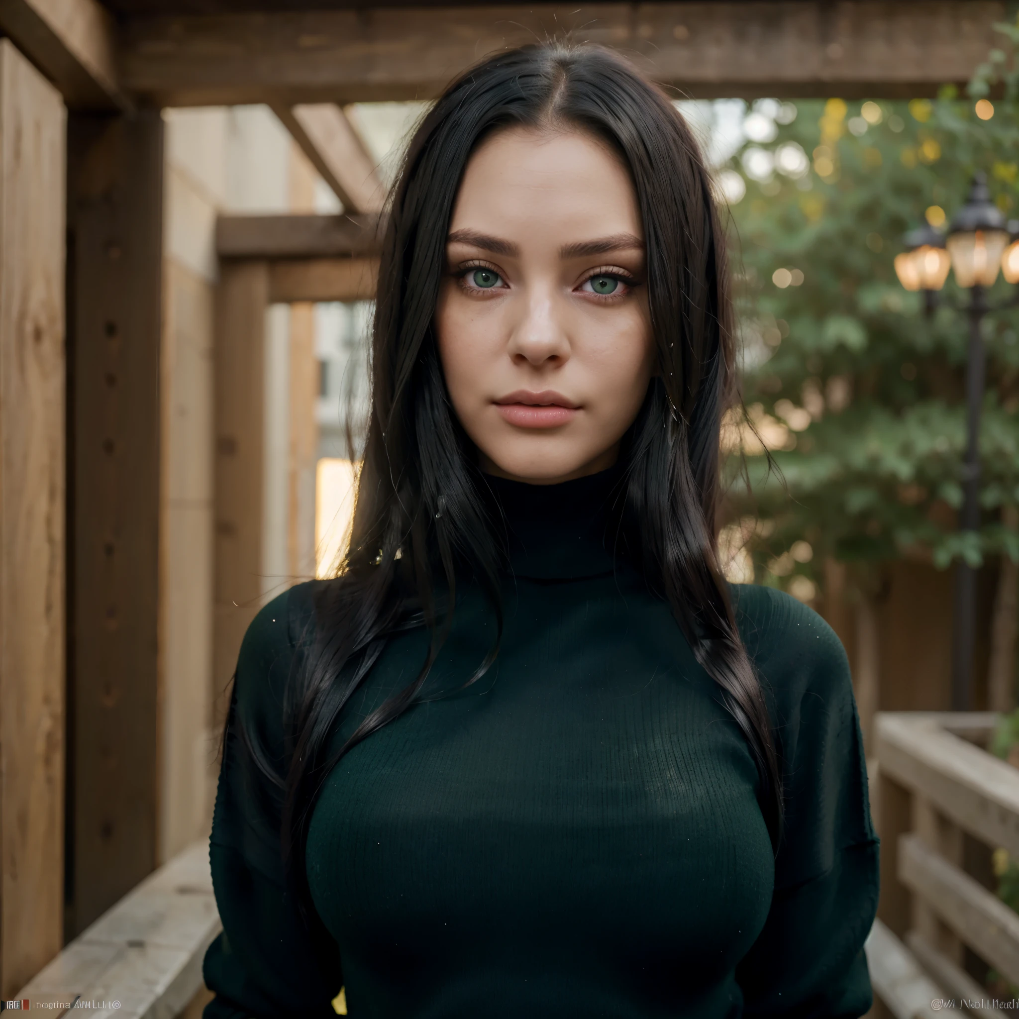 Woman with long natural black hair, professional pose, (Hultra detailed skin, best quality), (perfect darker than black turtleneck sweater), (Perfect natural green eyeballs of the same size), Natural makeup, (traits similar to those of lana rhoades pornstar), selfie, perfect skin