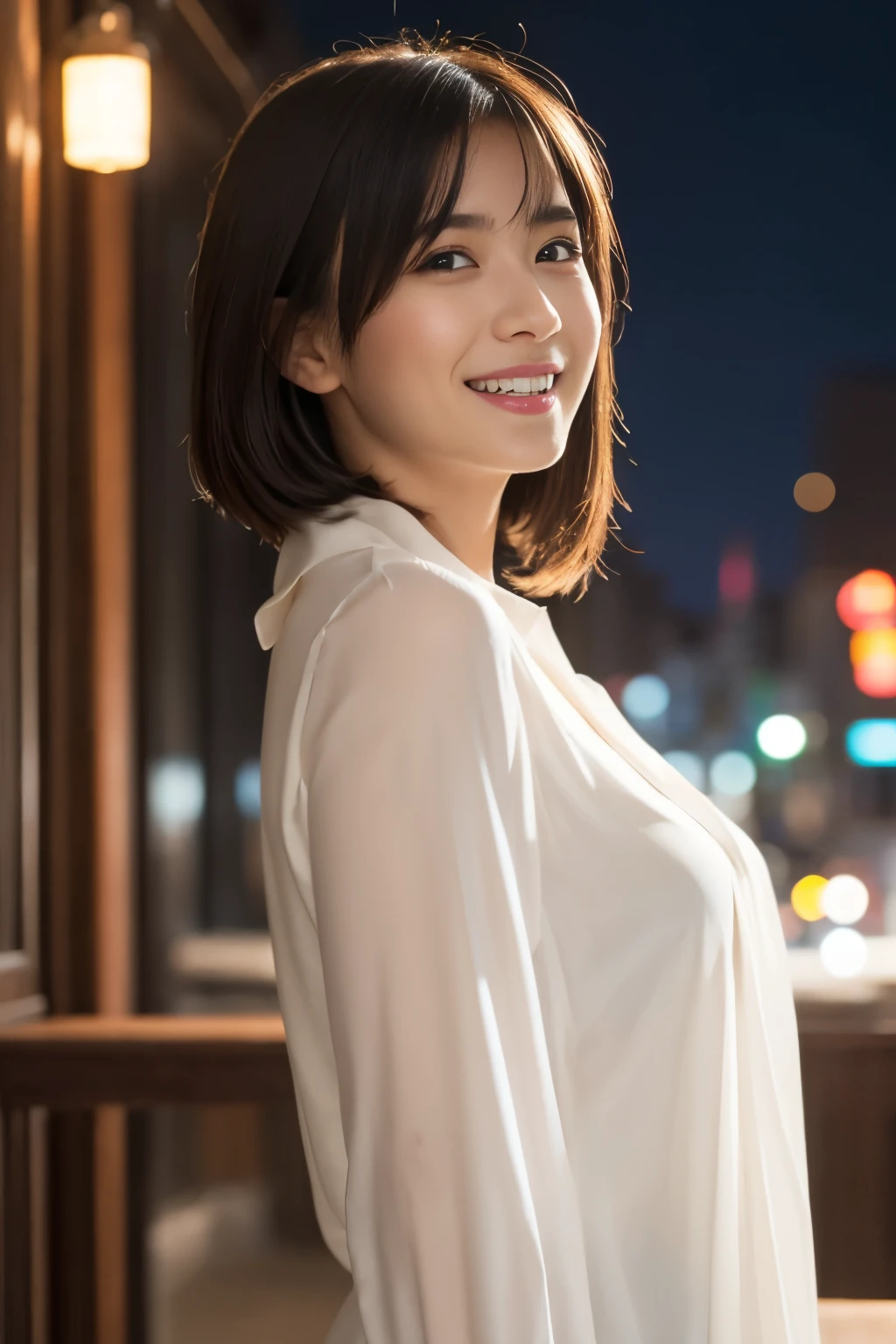 1 girl, (wearing a white blouse:1.2), (RAW photo, highest quality), (realistic, Photoreal:1.4), table top, very delicate and beautiful, very detailed, 2k wallpaper, wonderful, finely, very detailed CG Unity 8K 壁紙, Super detailed, High resolution, soft light, beautiful detailed girl, very detailed目と顔, beautifully detailed nose, finelyて美しい目, cinematic lighting, night city lights, perfect anatomy, slender body, smile