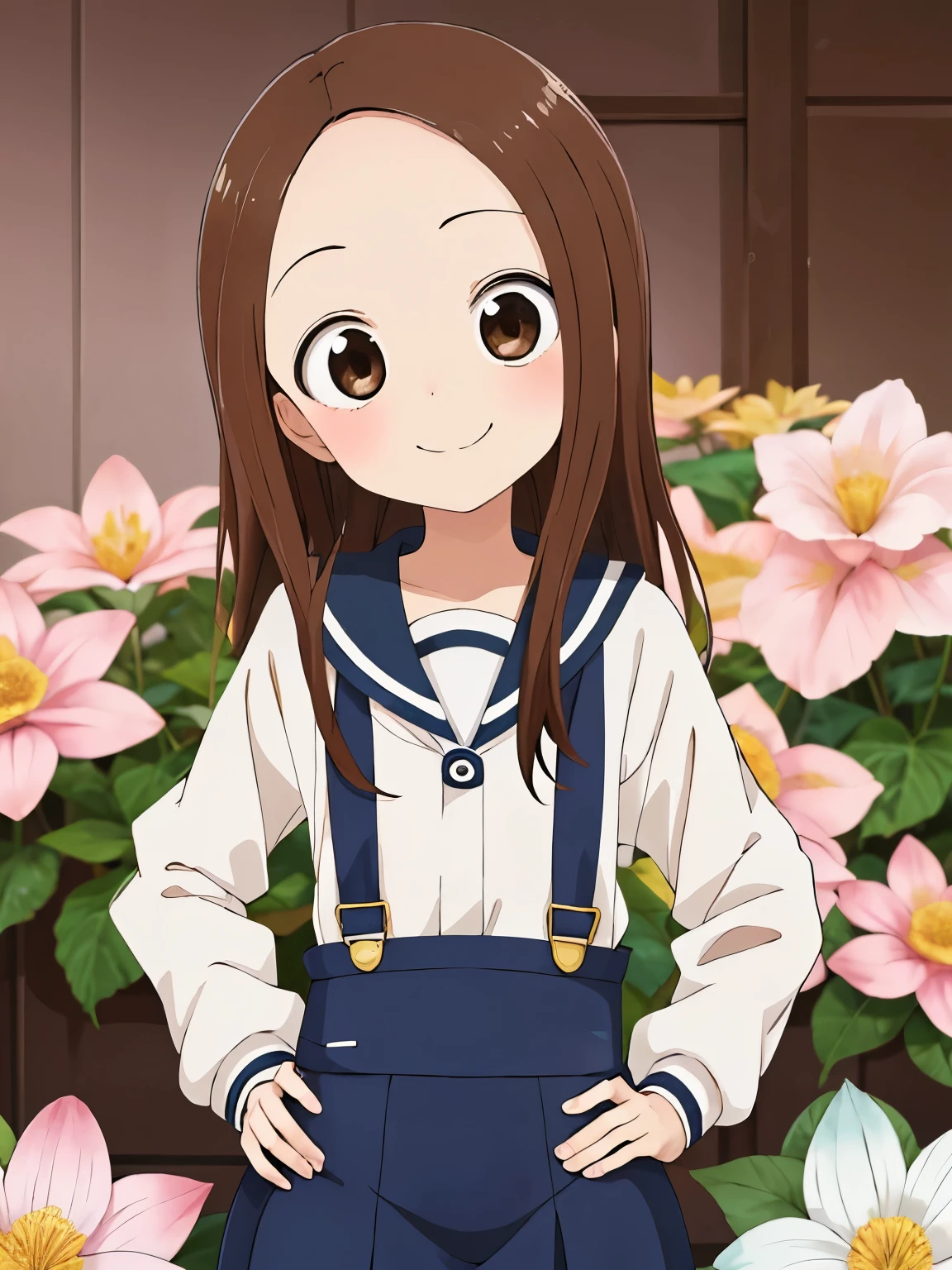 highest quality,High resolution、anime illustration style、takagi-san, one girl、closed mouth、smile、beautiful flower々Park with blooming flowers、A cute girl no matter who you look at、put your hands on your hips、absolute reference to center、smooth hair、closed mouth、brown hair、brown eyeedium hair