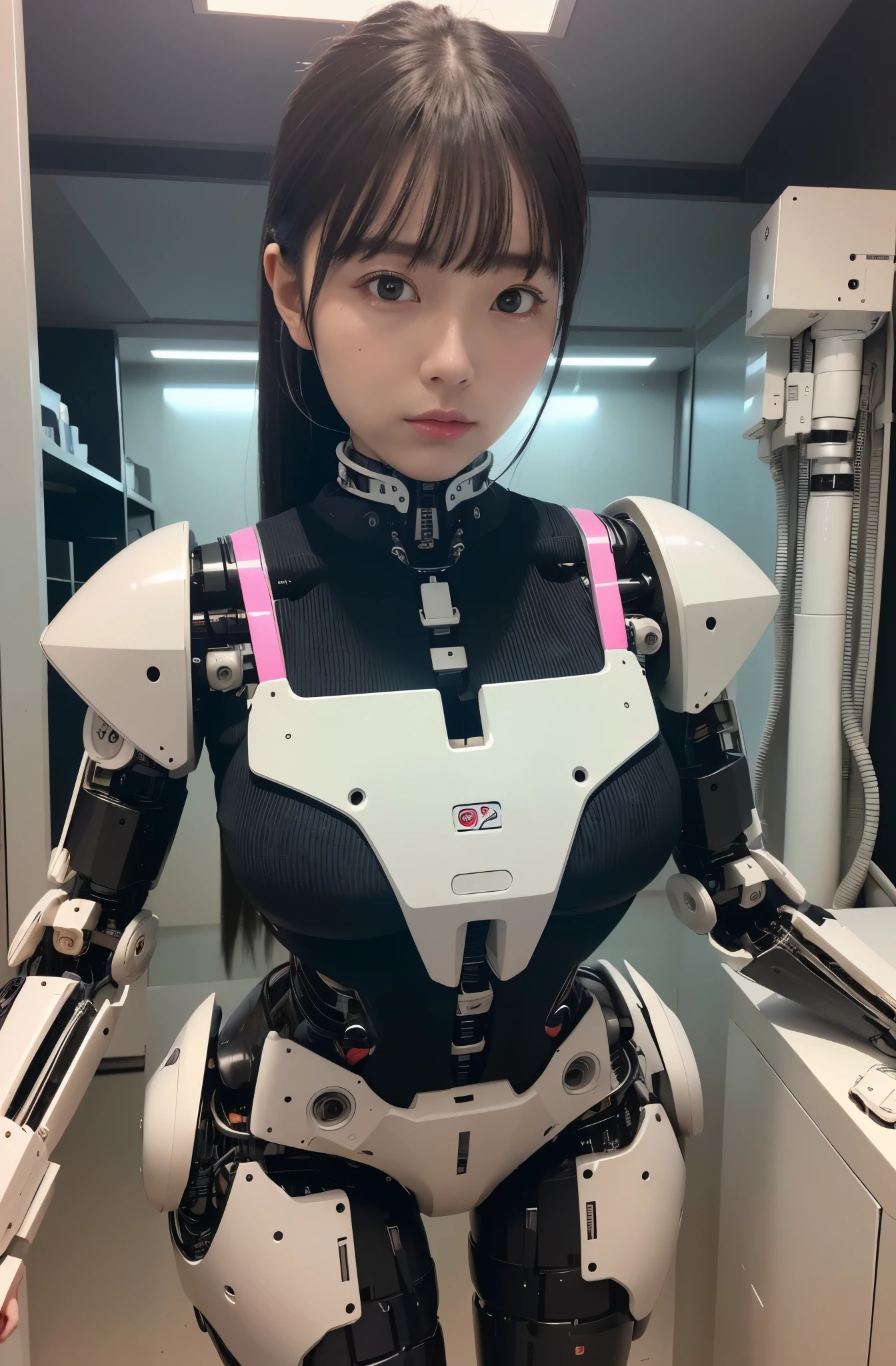 masutepiece, Best Quality, Extremely detailed, 8K Portrait,1girl in, japanese android girl,android teacher,Plump , control panels,android,Droid,Mechanical Hand, ,Robot arms and legs, Black hair,Mechanical body,Blunt bangs,White Robotics Parts,perfect robot woman,Charging spot,Long Tube,A thick cable was connected to his neck.,ceramic body ,android,robot humanoid,Slightly Chubby,pantiy,complete eyes,Perfect machine body,White robot body,plants of the future,White and black uniform,pink accent costume,she repaired,clothes with a sense of mechanical technology,Robot Factory,black sponge joint,loose boots,