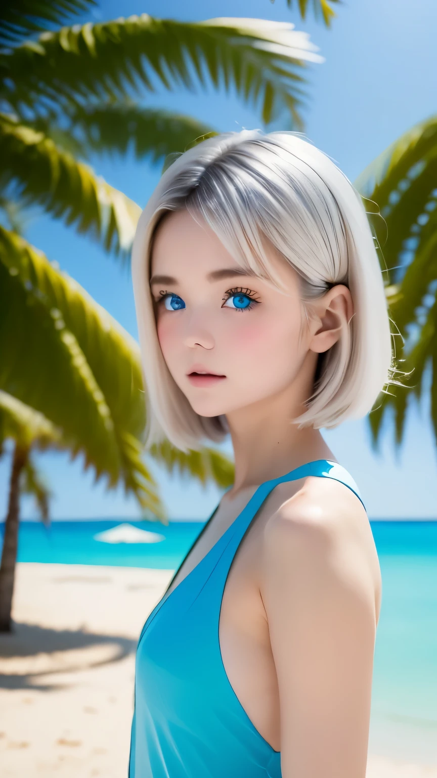 1 girl、 masterpiece, , 8k, Super detailed, 、because I&#39;thin、(flat body:1.34)、cute、downward 、, silver hair, blue eyes, detailed beautiful face, , ,very realistic photo, ,,((white sand beach、Palm tree、blue sea、blue sky、))、cowboy shot、Beach parasol、highest quality、ultra high resolution、