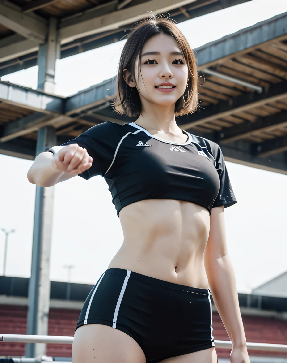 zydG, ((cowboy shot)),((from below)), 1girls, Front view, stand, looking the viewer, exposed skin, (from below),brown-eyed, (blonde very short hair:1.2), (light hair), (medium breasts:1.4), smile with white teeth, (photorealestic:1.4), (Top image quality:1.0), (UltraHighResolution:1.0), 8K, Raw photography, (A masterpice:0.2), track and field uniforms, show abs, (sweat, wetty:1.1), portlate, pubic bone focus, ful body,(pureerosface_v1:0.5), outdoor, track and field,