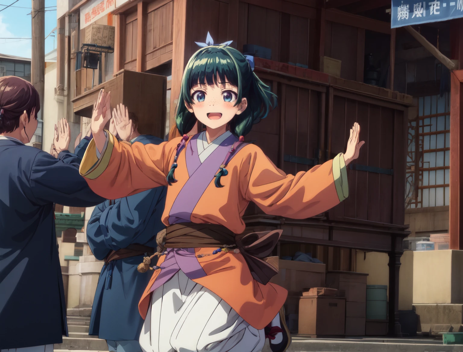 Are thin、green hairstyle,、A girl is in the picture、blushing、smile、jumping and dancing、raising both hands