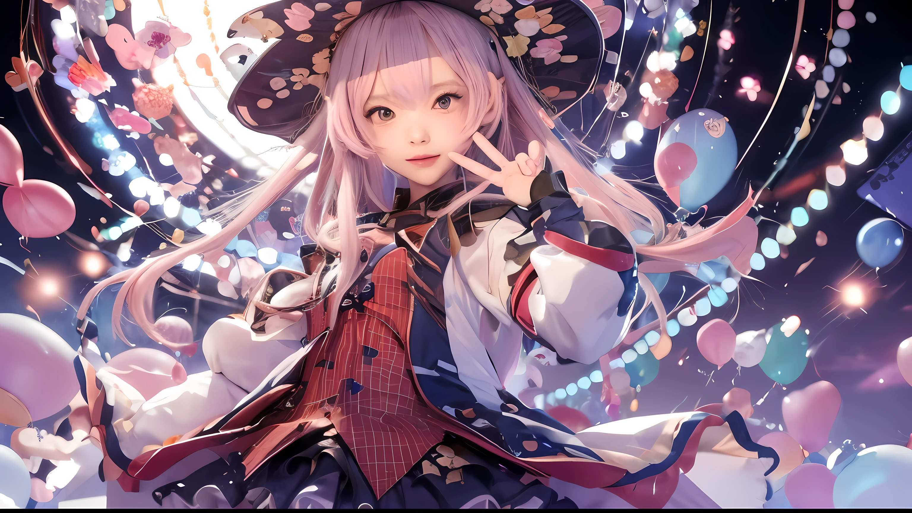 anime girl with a hat and a dress in front of a bunch of balloons, splash art anime , best anime 4k konachan wallpaper, detailed key anime art, anime fantasy illustration, anime art wallpaper 8 k, alchemist girl, ayaka genshin impact, cute anime waifu in a nice dress, small curvy , anime style 4 k