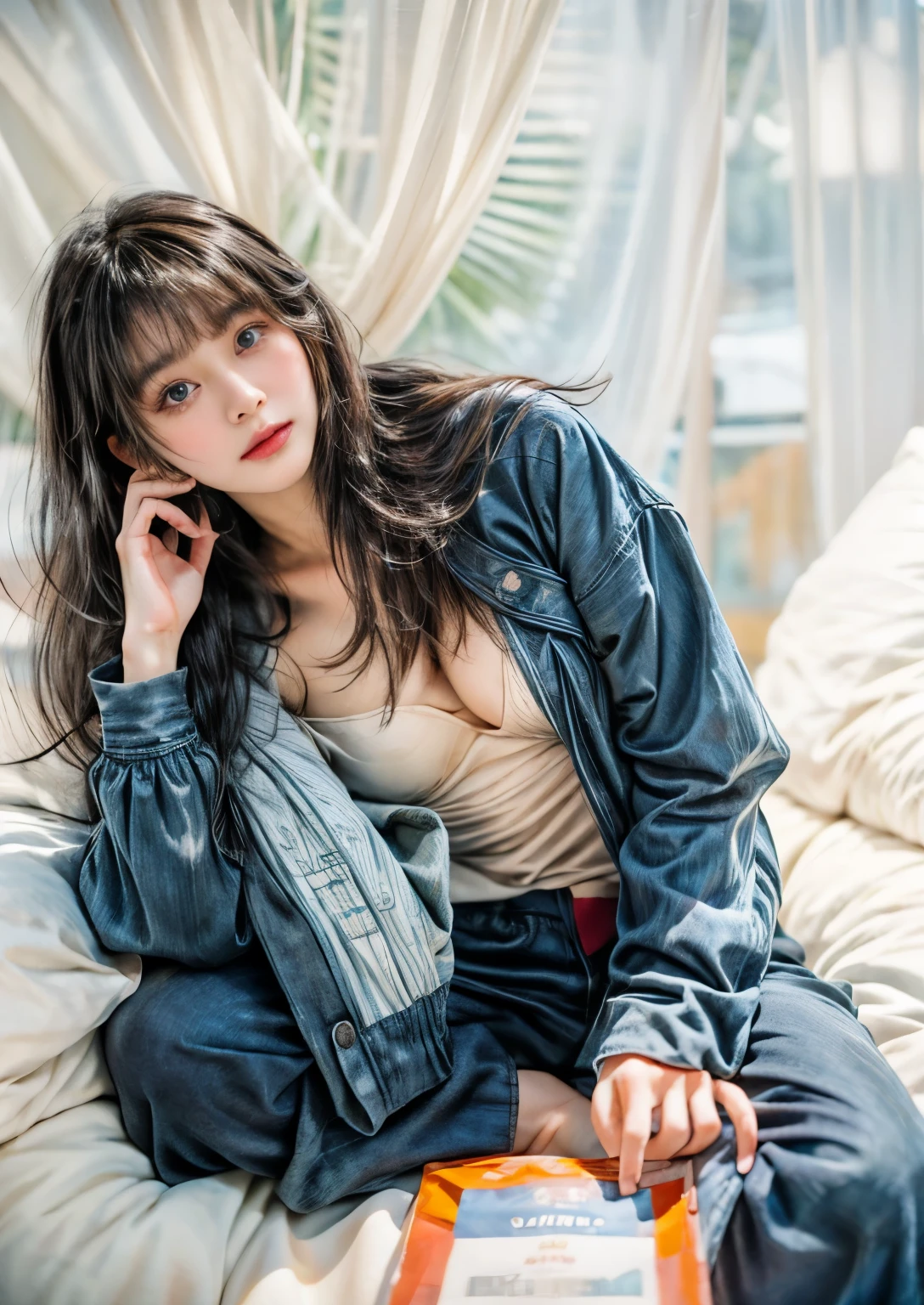 masterpiece、highest quality、cinema、(Details of both eyes)、(cute japanese woman、bangs:1.3)、23 years old、1 girl、elegant、black hair、(sit:1.2)、