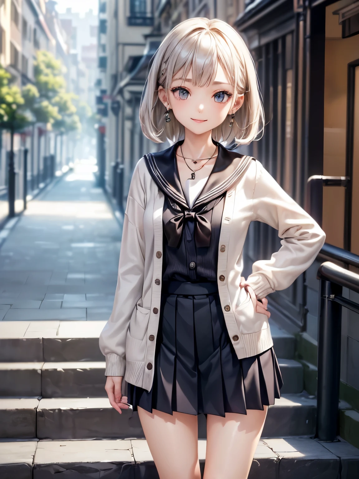 ((Biologically correct number of limbs))、((The number of fingers on one hand is 5))、(( Full body photo including face、head to toe photo))、standing position、[NSFW]、4K、masterpiece、((focus on the face))、((Symmetrical facial features))、Eyes of minute description、Beautiful woman、outstanding style、beautiful clavicle、beautiful legs、slender body、(small ass、thin thighs）、(high heels）、Detailed depiction of faces、small earrings、necklace、(cardigan and black sailor suit、knee length pleated skirt）、holiday morning park stairs scenery、clear、fine、smile、looking cold、A photo that emphasizes the upper body、
