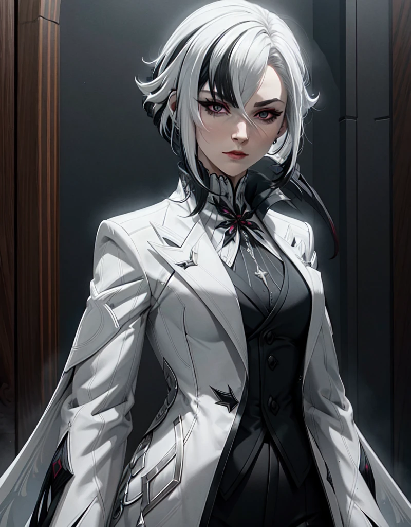 1girl, solo, white hair, black hair, multicolored hair, black eyes, x-shaped pupils, white arle_suit, upper body, face focused