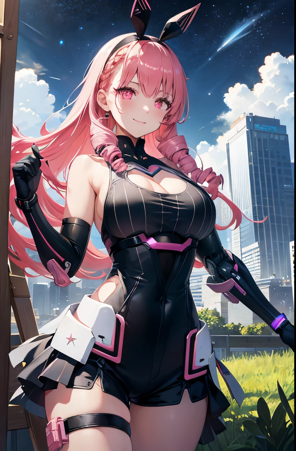 (showgirl skirt:1.1), long hair, drill locks, pink hair, braid, black hairband, fake animal ears, pink eyes, light smile, leotard, mechanical arms, floating hair,  white shorts, short shorts, large breasts, cleavage cutout, cleavage, painting, vibrant colors, paint, paint splatter, contrapposto, glowing, subsurface scattering, volumetric lighting, thigh strap,
BREAK cowboy shot, grassy plains, sky, clouds, sunny, galaxy, planet, stars, cityscape
 