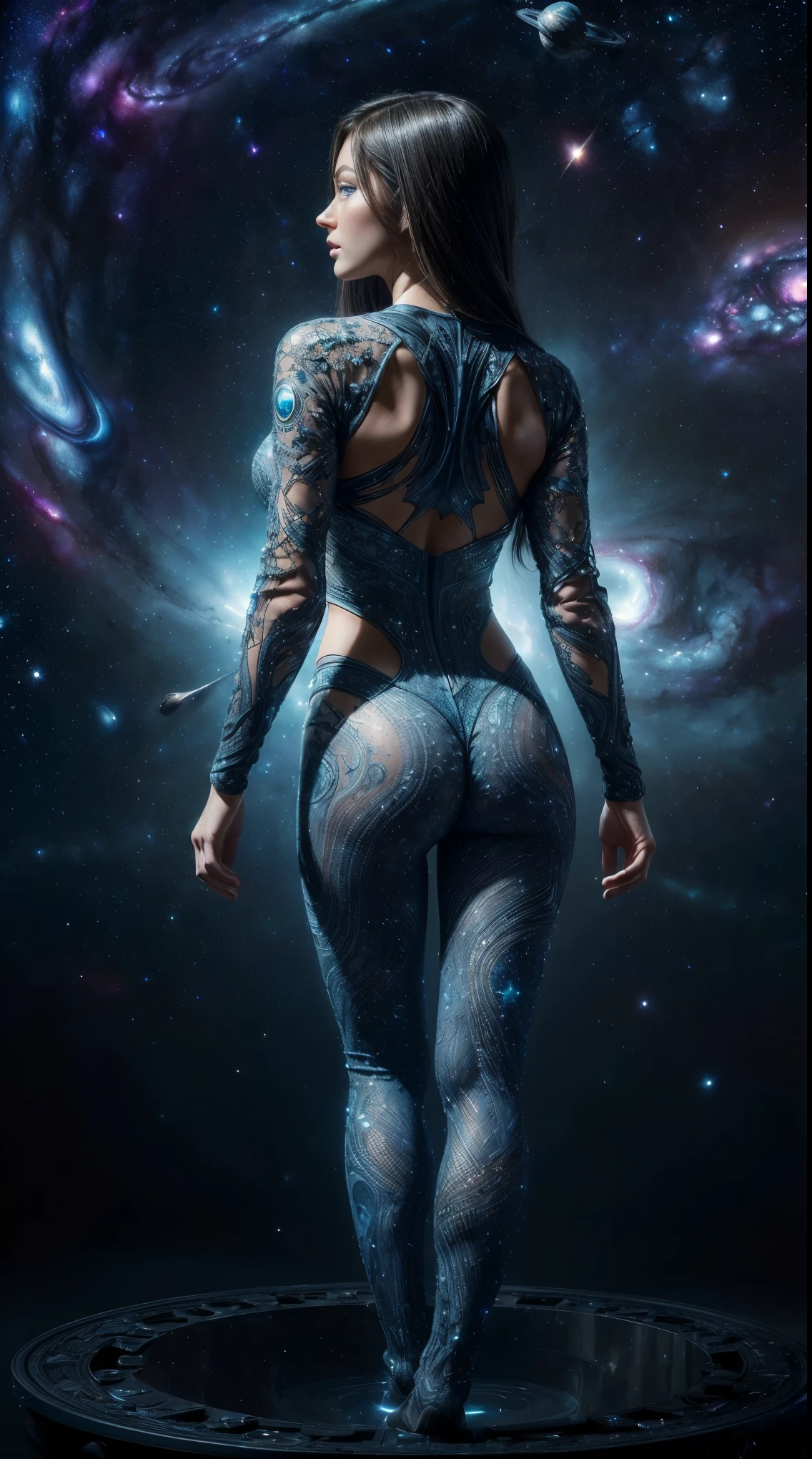 8k, full-body shot taken from the back of beautifull cortana, (intricate, sheer, transparent, translucent, skintight cloth), intricate, beautifull face, her skin should be pale and flawless, With a touch of transcendental beauty, she Should express Calm Confidence, (she is standing on the bridge of a futuristic spaceship, (Just a hint of space, stars, galaxys break through the darkness of space)), highly detailed, digital hyperrealistic photography, hyperrealistic photography filigree, shyness, most beautyfull face, (masterpiece, sidelighting, (finely detailed beautifull blue eyes: 1.2)),