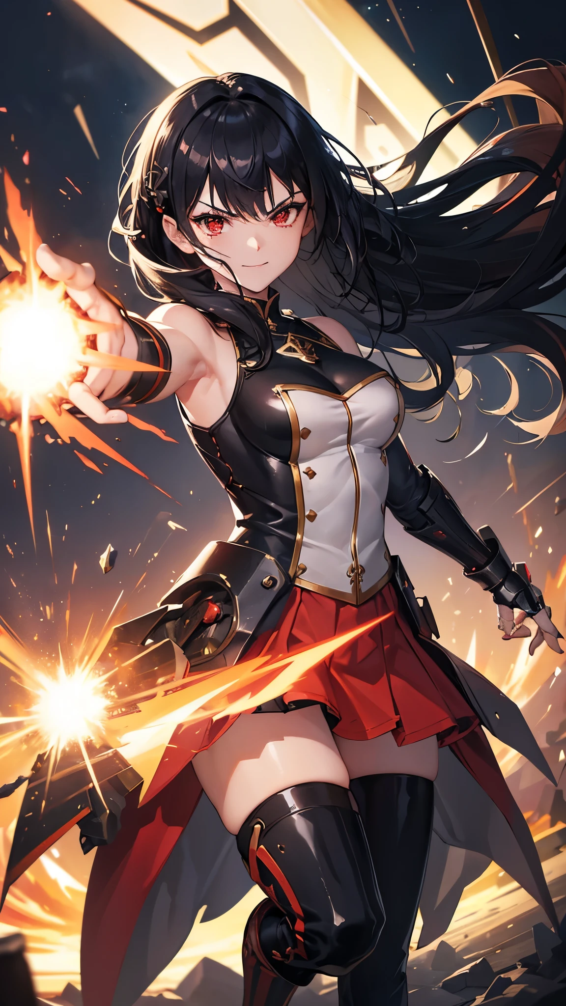 On the battlefield of storms,A woman dressed in a ta outfit uses a weapon with the power of the fire element..(( Lightning danced next to her.)), It reflects the strength of her determination.,Because she embodies the power of nature's power in battle..official art, 8K wallpaper, very detailed, beautiful and aesthetic, beautiful, Masterpiece, best quality,(Focus on the thighs and up.),Clear face,The eyes are detailed.,(wind,hair flying,Flow skirt),