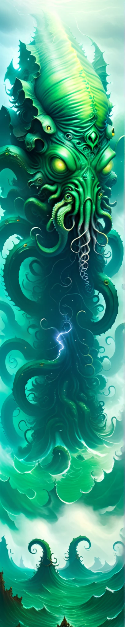 giant Cthulhu deity emerging from the depths of the ocean on the horizon, amid dense and hazy green fog, dense clouds and lightning around the monster.