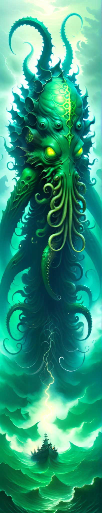 giant Cthulhu deity emerging from the depths of the ocean on the horizon, amid dense and hazy green fog, dense clouds and lightning around the monster.