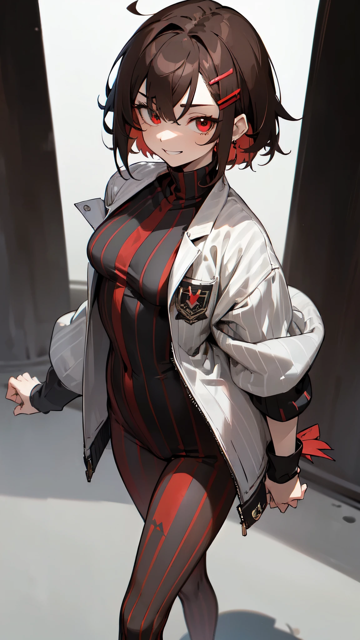 (masterpiece, sidelighting, finely detailed red eyes: 1.2), ((best quality)), ((masterpiece)), (highly detailed:1.3), anime, young girl, , childish body, ((black striped unitard)), turtleneck, open jacket with long sleeves, body tight shorts, pale skin, (shadowed eyes, darkened eyes), (smirk, mischevious grin), (short-medium hair, brown hair, messy haircut, hair between eyes, hairclips on left side), ((red tights with black vertical stripes)), earrings, red tatto on left hand, hands behind back, scar on left hip, solo, 1girl, walking down the street,