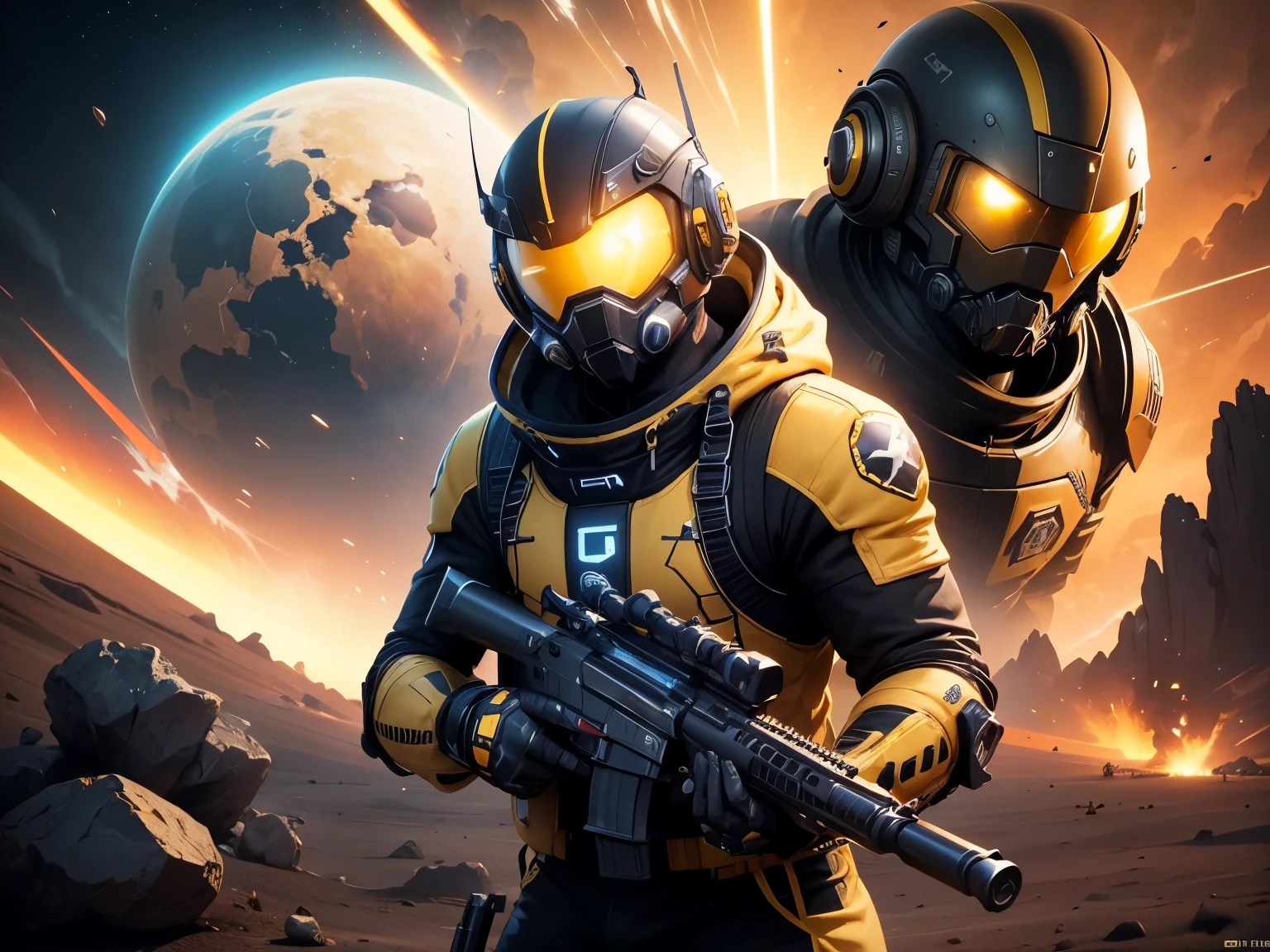 arafed image of a man in a yellow jacket and a black and yellow jacket, video game screenshot>, deep rock galactic screenshot, satisfactory screenshot, gameplay footage, giant sentinel crashed on earth, gameplay still, no man's sky righteous auditor, solar flare unreal engine, screenshot from game, space soldier on mars with a gun, destroyed planet, vfx shot