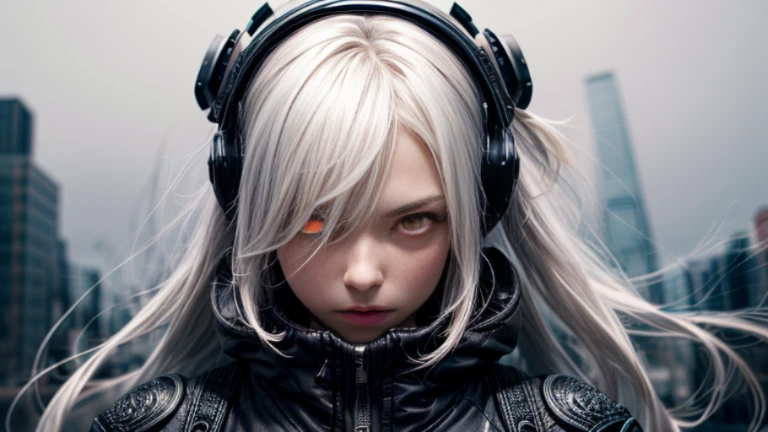 style of Tsutomu Nihei,(incredibly absurdres, (high resolution:1.18), intricate detail, (masterpiece:1.1), (highest quality:1.1), absurdres),(1girl, portrait, white hair, orange eyes, long hair, detailed eyes),