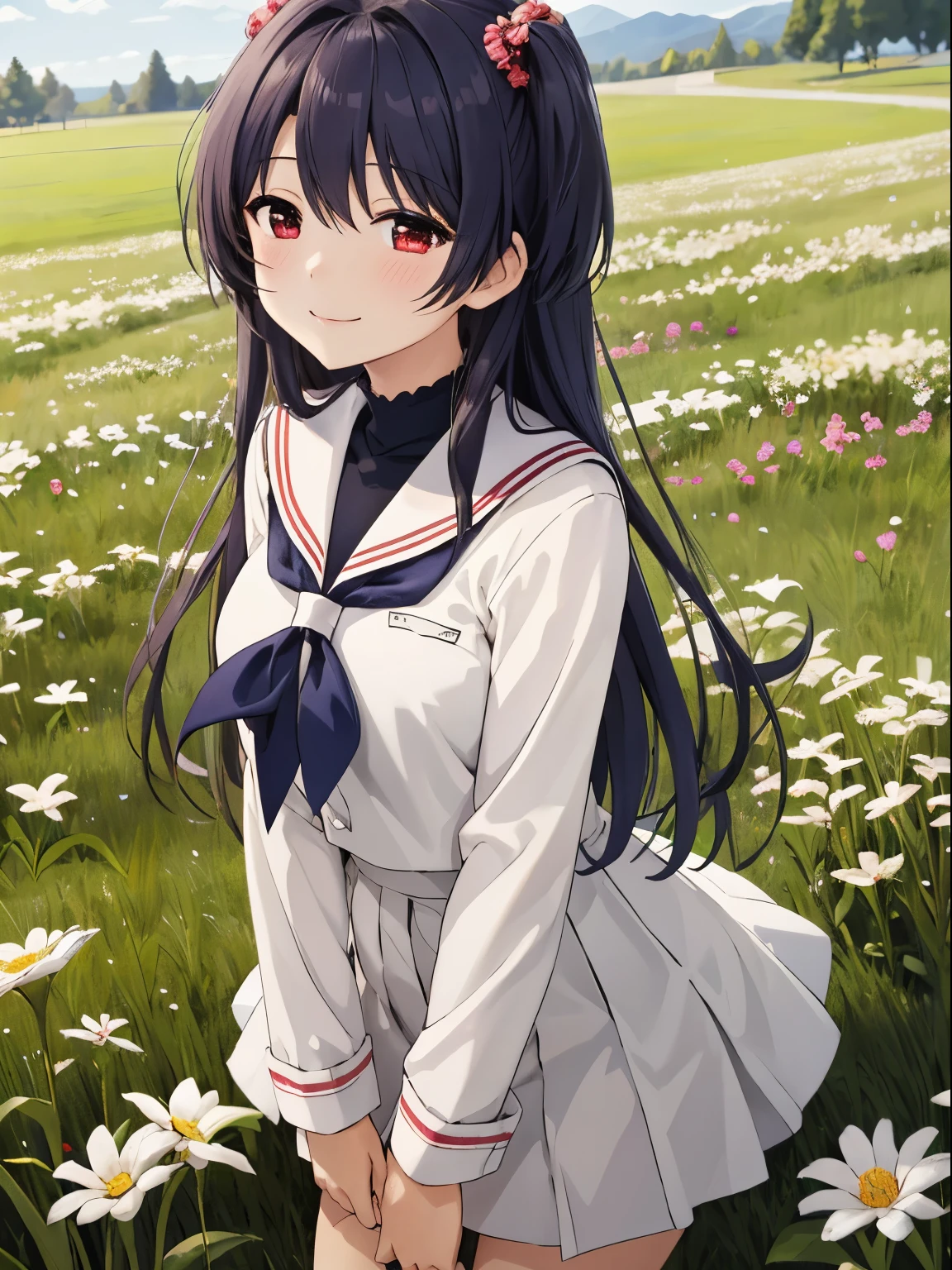 highest quality,High resolution、standing、Kotomi Ichinose,arms on both sides、grassland、綺麗な花咲くgrassland、sailor suit、smile、closed mouth、red eyes、uniform、carboy shot