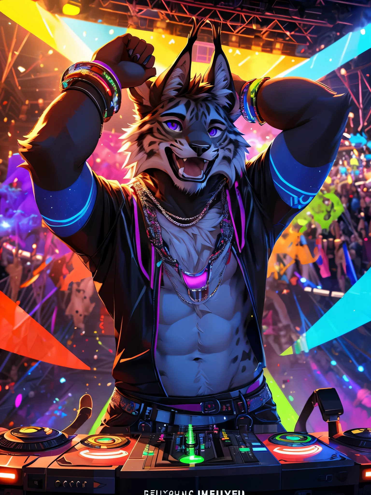 there is a man of a Lynx playing a dj at a party, on a very magnificent stage, A man facing the audience, shot Camera from top right, scene from a rave, at a rave, pov furry art, background artwork, peoples rave party, partying at a rave, commission for high res, fursona art, [ Chunie art style ], dj rave party, with blue, red, white, purple and green lights, excited face, enjoying dj Rave party, (Wide Shot: 1:3), (Realistic eyes detail: 1:2), Standing Up, high details, high quality, award winning, HD, 16k, (best quality,4k,8k,highres,masterpiece:1.2),ultra-detailed,realistic:1.37,HDR,UHD,studio lighting,extreme detail description,professional,vivid colors,bokeh,lively atmosphere, natural lighting
