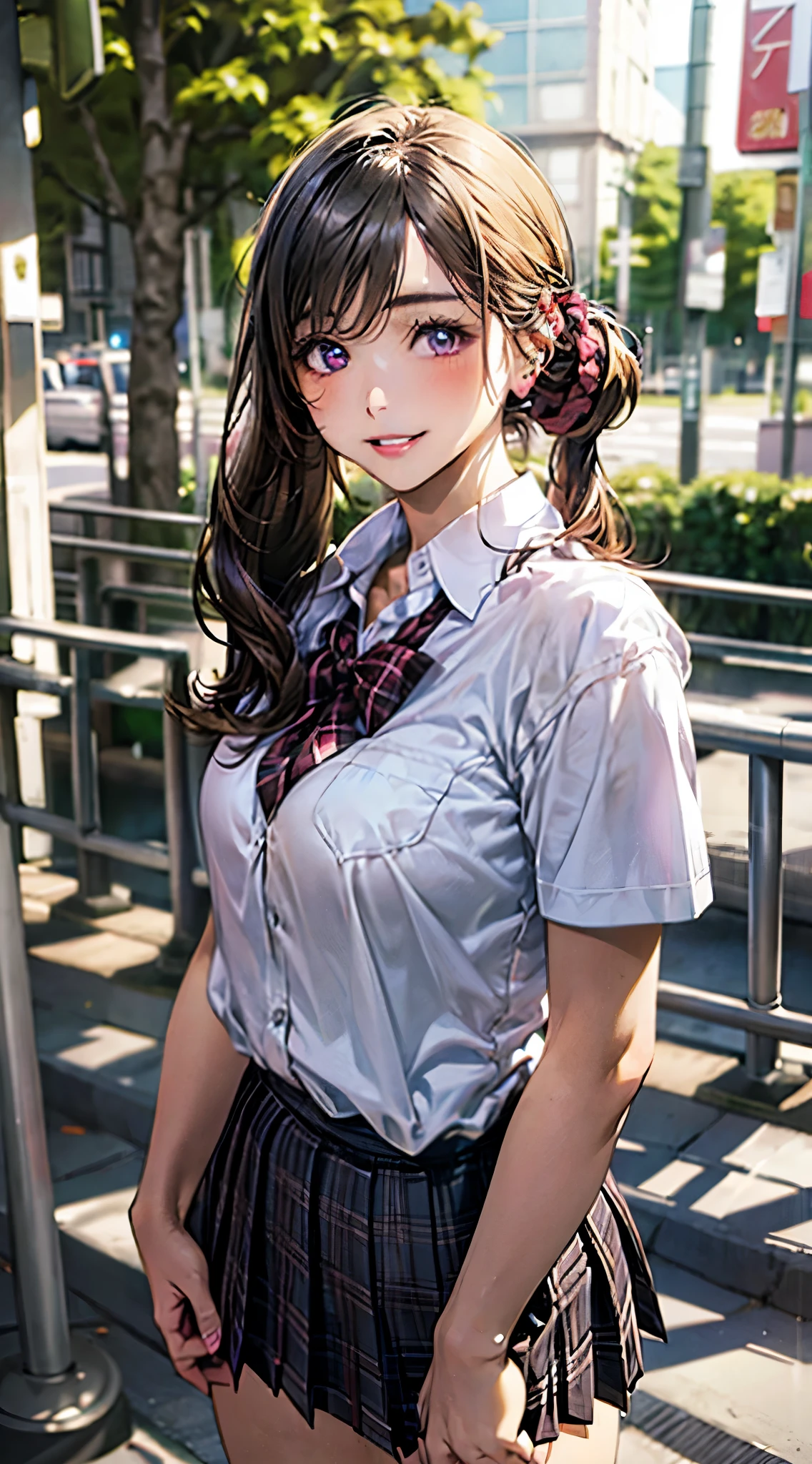 (masterpiece:1.3, top-quality),  (realistic, photorealistic:1.4), beautiful illustration, perfect lighting, colorful, depth of fields, 
looking at viewer, full body, front view:0.6, 1 girl, solo, japanese, high school girl, gyaru, (?????????????:0.8, large ???, seductive thighs, ?????????????),
(long hair:1.5, side ponytail), light brunette hair, asymmetrical bangs, purple eyes, parted lips, (very tanned shiny skin), 
beautiful hair, beautiful face, extremely detailed face, beautiful detailed eyes, beautiful clavicle, beautiful body, beautiful ?????, beautiful thigh, beautiful legs, beautiful fingers, 
(beautiful scenery), daytime, outdoor,
((collared short sleeve shirt, white shirt, school uniform, pink plaid pleated skirt, black tie)), white panties, polka dot hair scrunchie, 
(standing, ???? pose), (seductive-smile), 