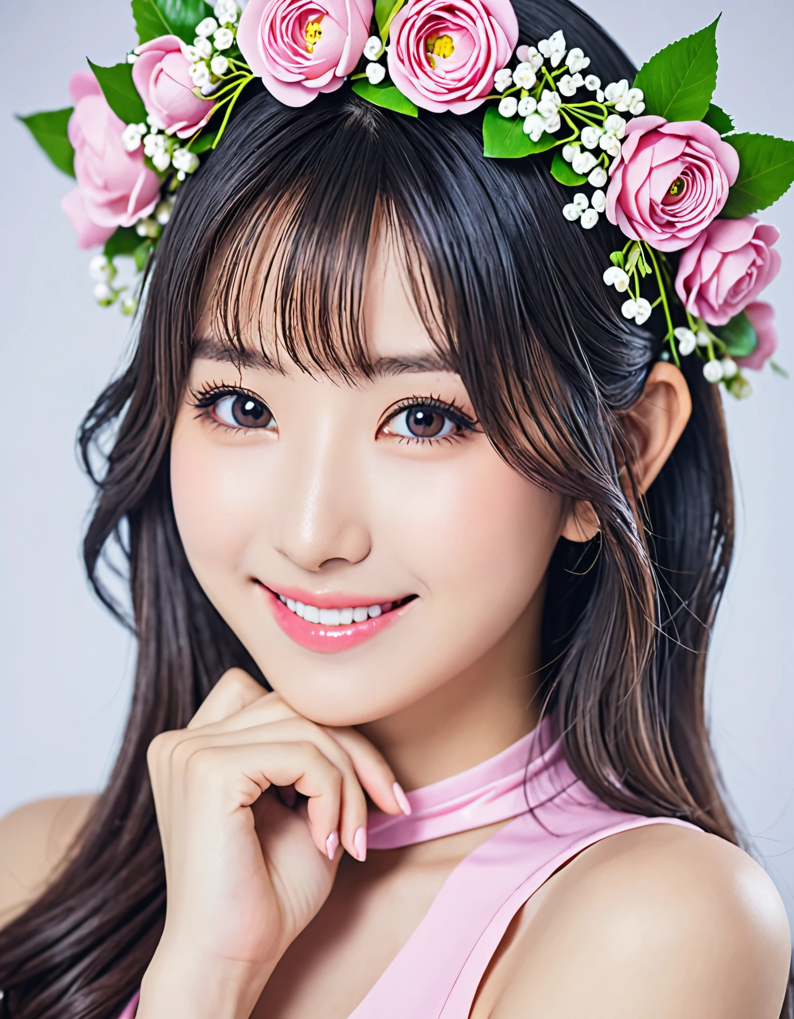 a close up of a woman in a pink dress with a flower crown on her head, anime girl in real life, cute seductive smile, beautiful asian girl, attractive anime girl, anime thai girl, young and cute girl, seductive anime girl, realistic young gravure idol, beautiful alluring anime teen, japanese model, beautiful japanese girls face, friendly seductive smile, japanese goddess