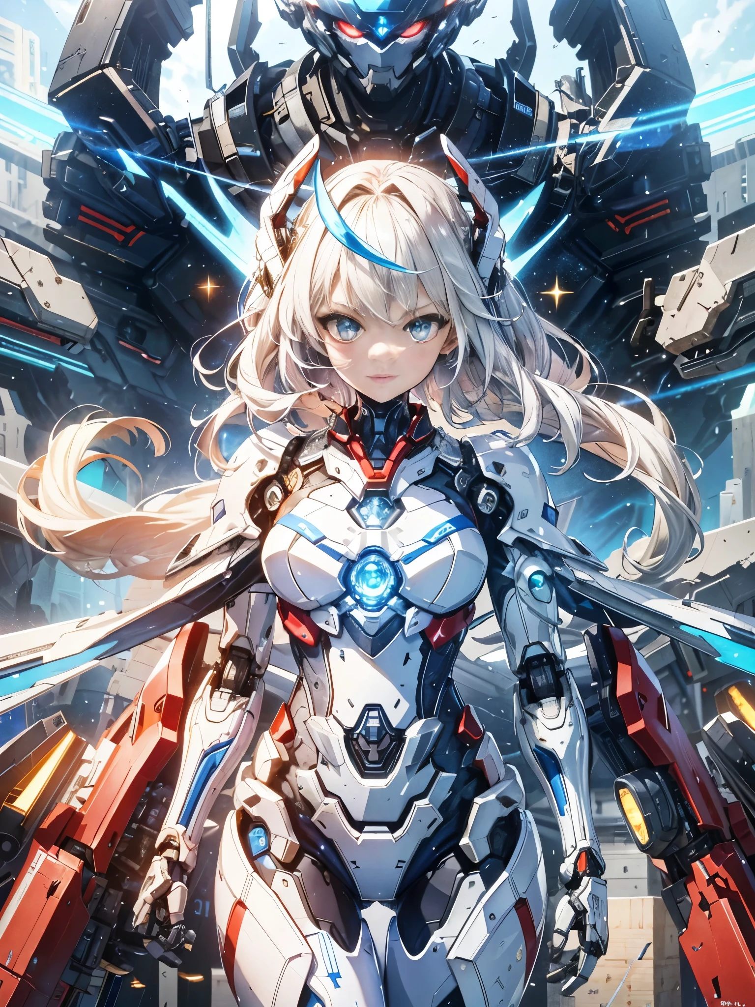masterpiece,highest quality,Super detailed,very detailedイラスト,very detailed,intricate details,High resolution,超intricate details,very detailed 8k cg wallpaper,cowboy shot, caustics,reflection,ray tracing,Demo theme,nebula,(A brave hero based on red, blue and white)、(A robot with a combined robot image is behind it.)、cyber effect, (1 girl:1.4),alone,alone,mecha musume,mechanical parts, robot joints,single mechanical arm, headgear, mechanical harrow,hello star,complex mechanical bodysuit, my corset, full armor, hair between eyes, golden hair, inner hair coloring, blue eyes,shining eyes、random expression,random action, japanese architecture, starry sky,skyline,