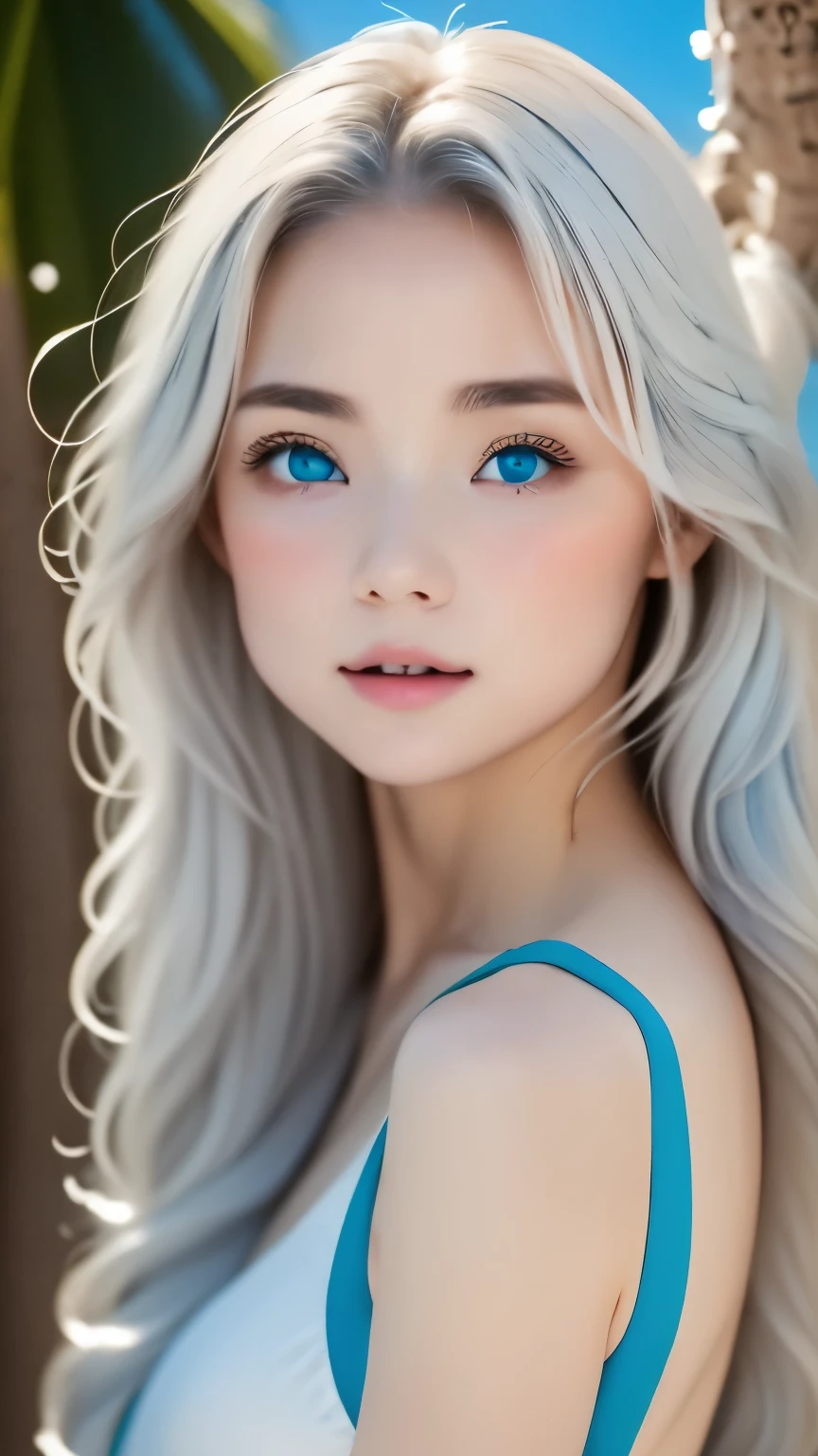 1 girl、 masterpiece, , 8k, Super detailed, 、because I'thin、(flat body:1.34)、cute、downward 、, silver hair, blue eyes, detailed beautiful face, , ,very realistic photo, ,,((white sand beach、Palm tree、blue sea、blue sky、))、cowboy shot、Beach parasol、highest quality、ultra high resolution、