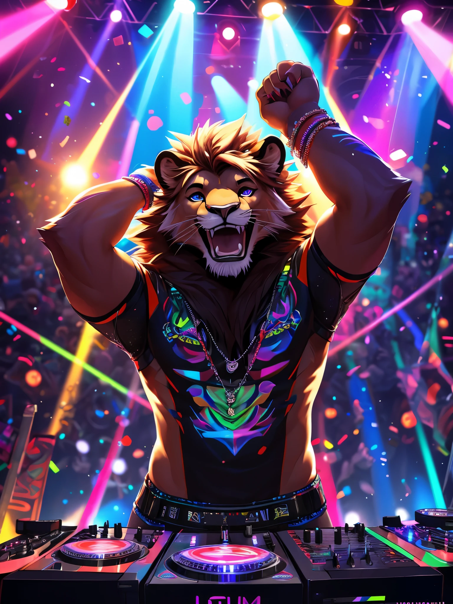 there is a man of a Lion playing a dj at a party, on a very magnificent stage, A man facing the audience, shot Camera from top right, scene from a rave, at a rave, pov furry art, background artwork, peoples rave party, partying at a rave, commission for high res, fursona art, [ Chunie art style ], dj rave party, with blue, red, white, purple and green lights, excited face, enjoying dj Rave party, (Wide Shot: 1:3), (Realistic eyes detail: 1:2), Standing Up, high details, high quality, award winning, HD, 16k, (best quality,4k,8k,highres,masterpiece:1.2),ultra-detailed,realistic:1.37,HDR,UHD,studio lighting,extreme detail description,professional,vivid colors,bokeh,lively atmosphere, natural lighting