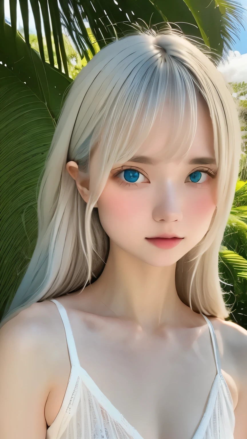 1 girl、 masterpiece, , 8k, Super detailed, 、because I'thin、(flat body:1.34)、cute、downward 、, silver hair, blue eyes, detailed beautiful face, , ,very realistic photo, ,,((white sand beach、Palm tree、blue sea、blue sky、))、cowboy shot、Beach parasol、highest quality、ultra high resolution、
