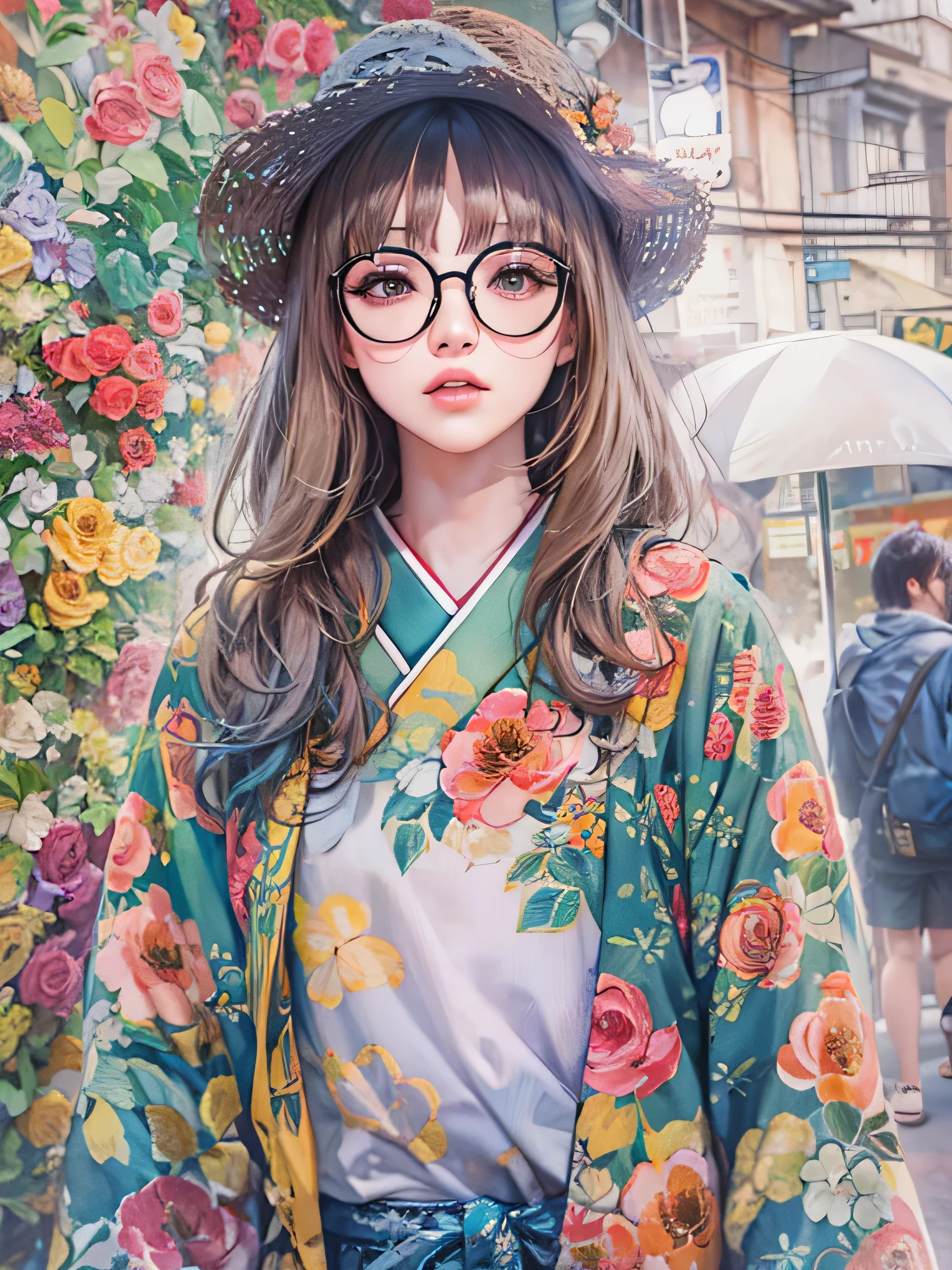 8K quality, watercolor painting, stylish design, (((The strongest beautiful girl of all time))), (((Japanese)))、Idol、AKB48、stylish glasses, Fashionable hats, (((highest quality))), bob hair, HDR, ((Detailed details)), stylish fashion, detailed clothing texture, (((spring street corner))), colorful hair, ((masterpiece))、((Super detailed))、colorful flowers、