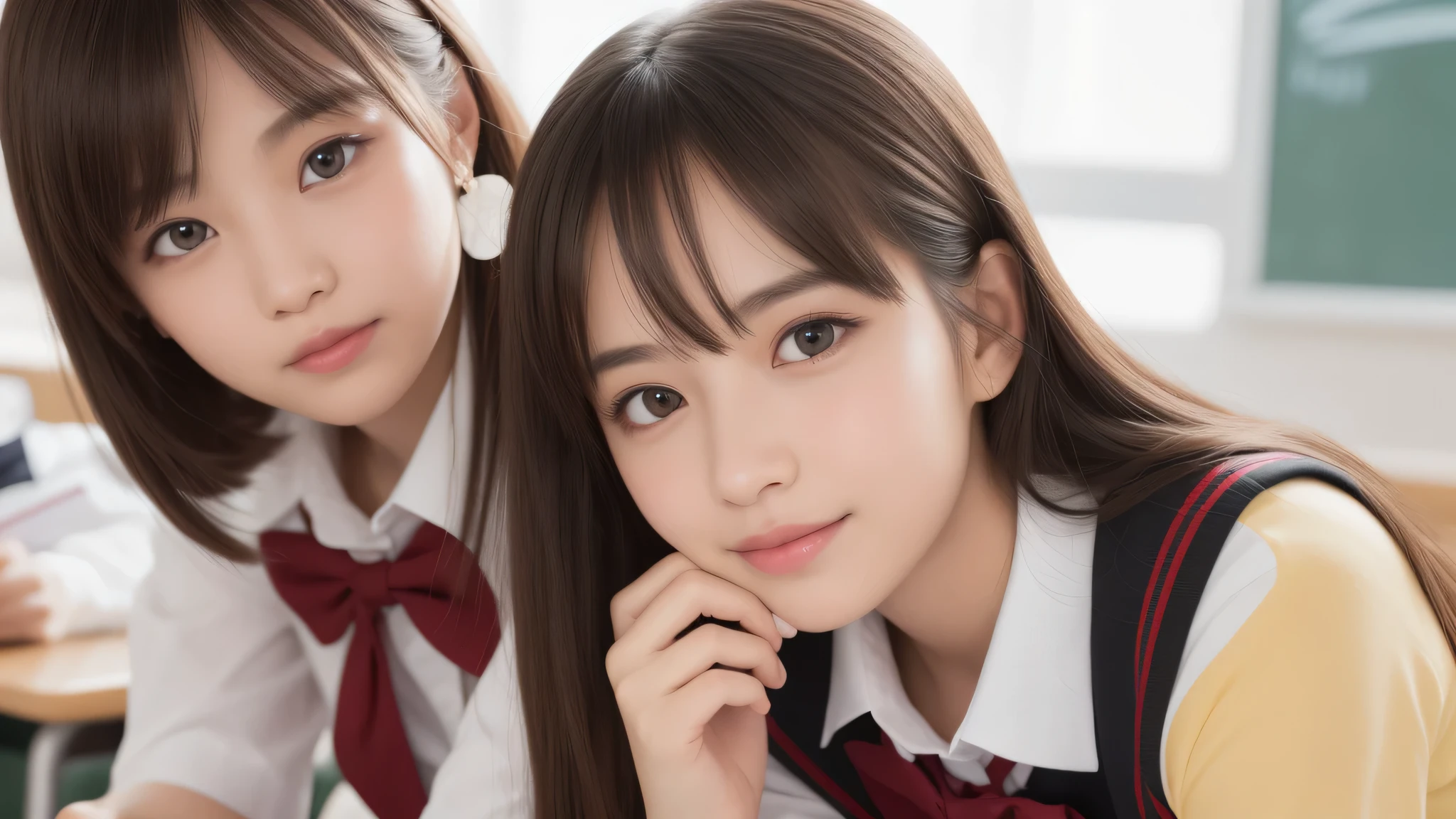 (2 girls:1.2), incredibly beautiful face, enchanting smile, (school uniform, mini skirt:1.2), (highest quality: 1.4), (Super detailed), (highest quality:1.4), (super detailed), evening, very high resolution, (Upper body), close up face, (School, classroom), School anime, anime illustration,
