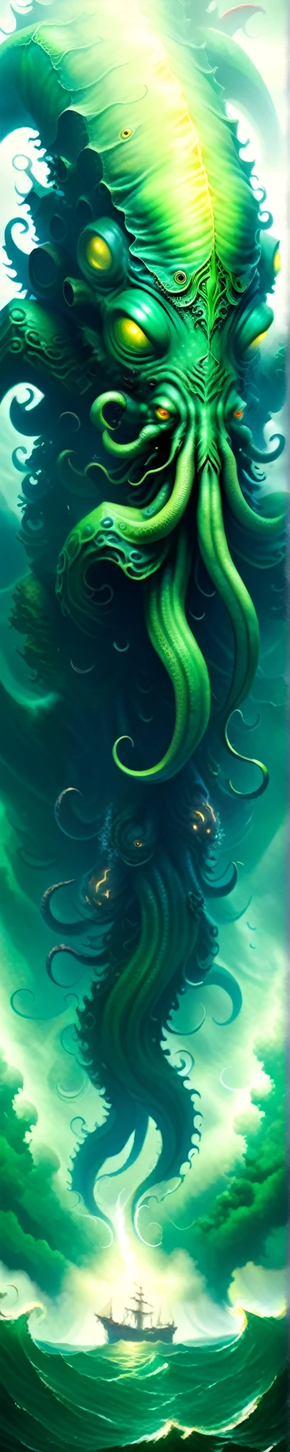 giant Cthulhu deity emerging from the depths of the ocean on the horizon, amid dense and hazy green fog, dense clouds and lightning around the monster.